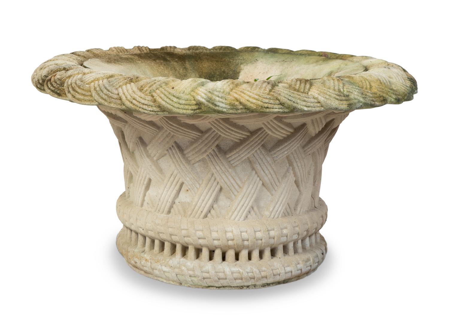 A Large Poured Cement Basket-Form Planter — 20TH CENTURY
