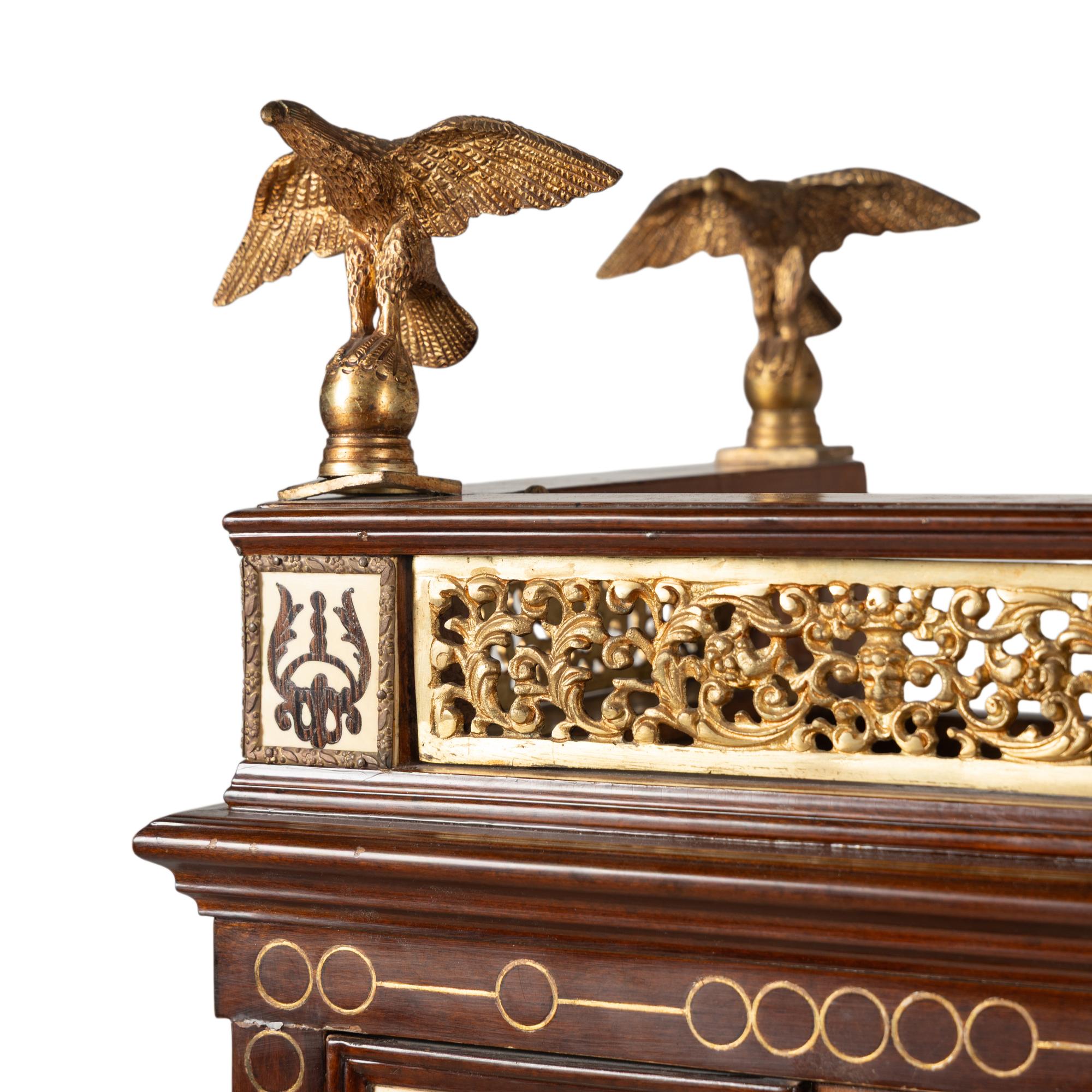 A Pair of Spanish Renaissance Style Gilt Bronze Mounted Marquetry Collector's Cabinets on Stands
