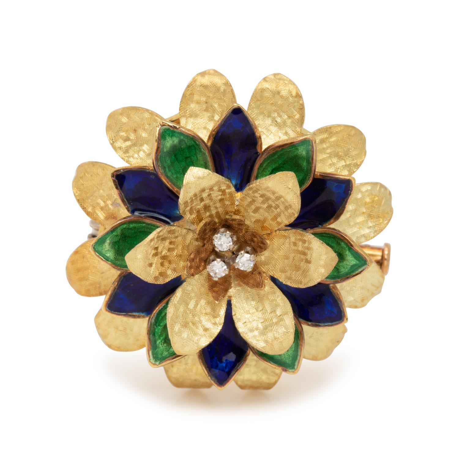 CARTIER, YELLOW GOLD, ENAMEL AND DIAMOND FLOWER BROOCH