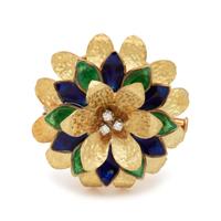 CARTIER, YELLOW GOLD, ENAMEL AND DIAMOND FLOWER BROOCH