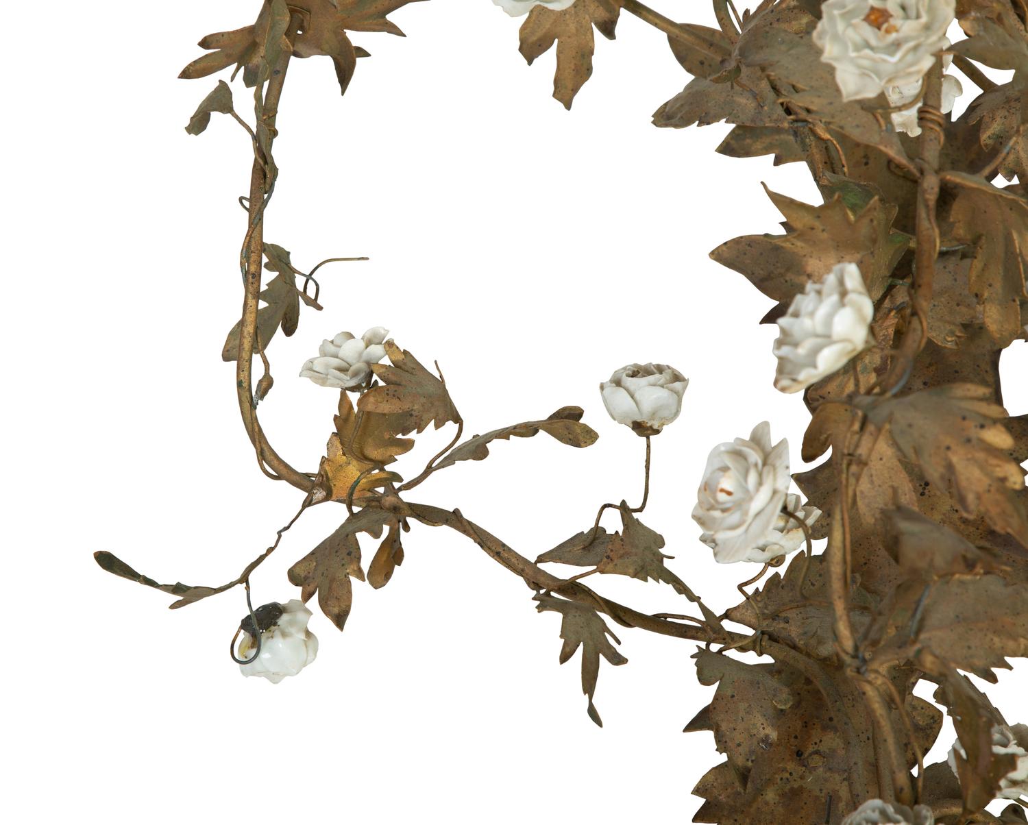 A Pair of French White Porcelain Floral Mounted Six-Light Tole Wall Sconces — 20TH CENTURY