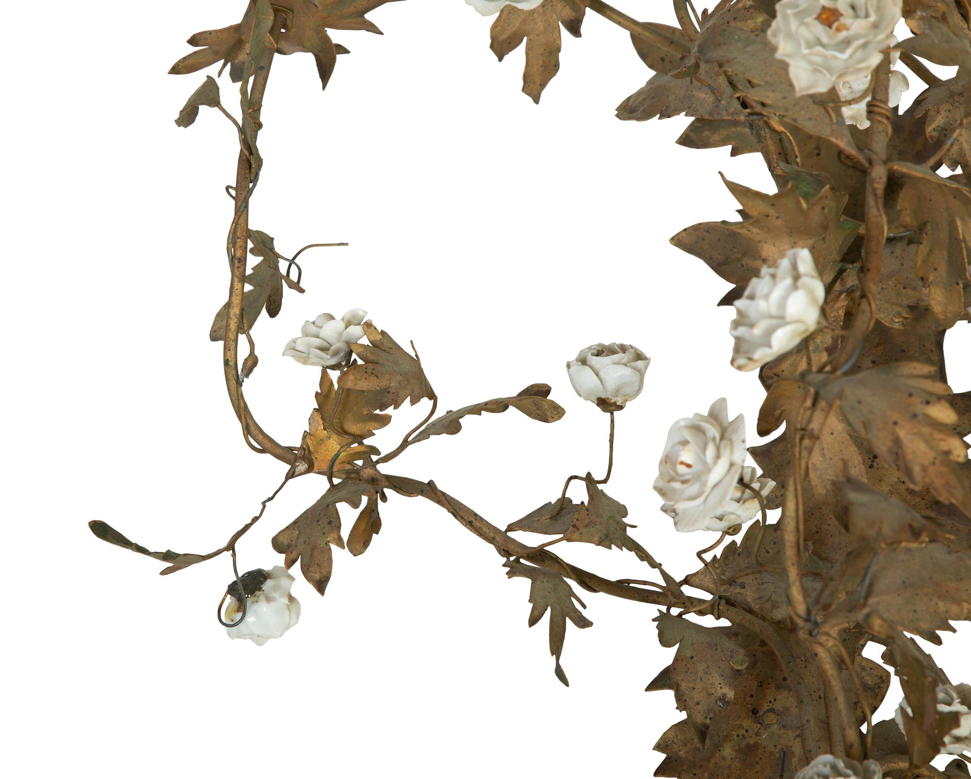 A Pair of French White Porcelain Floral Mounted Six-Light Tole Wall Sconces — 20TH CENTURY