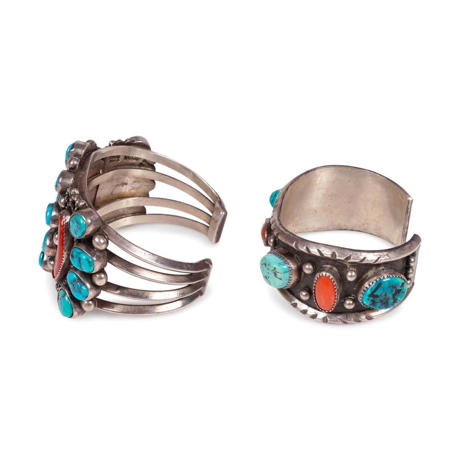 Navajo Silver, Turquoise, and Coral Cuff Bracelets