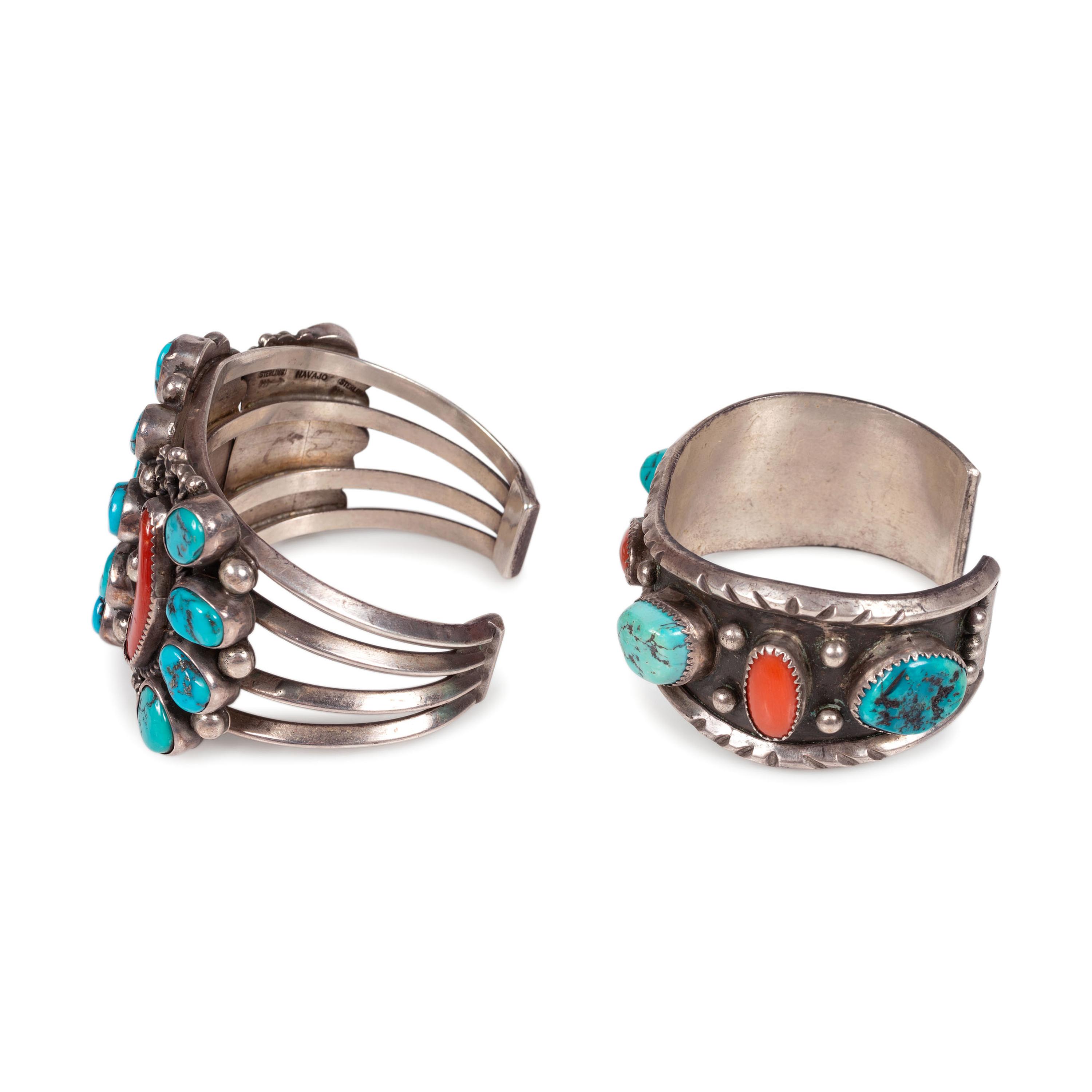 Navajo Silver, Turquoise, and Coral Cuff Bracelets