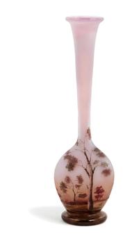 Daum, EARLY 20TH CENTURY, a miniature enameled cameo glass cabinet vase, of bottle form with landscape decoration