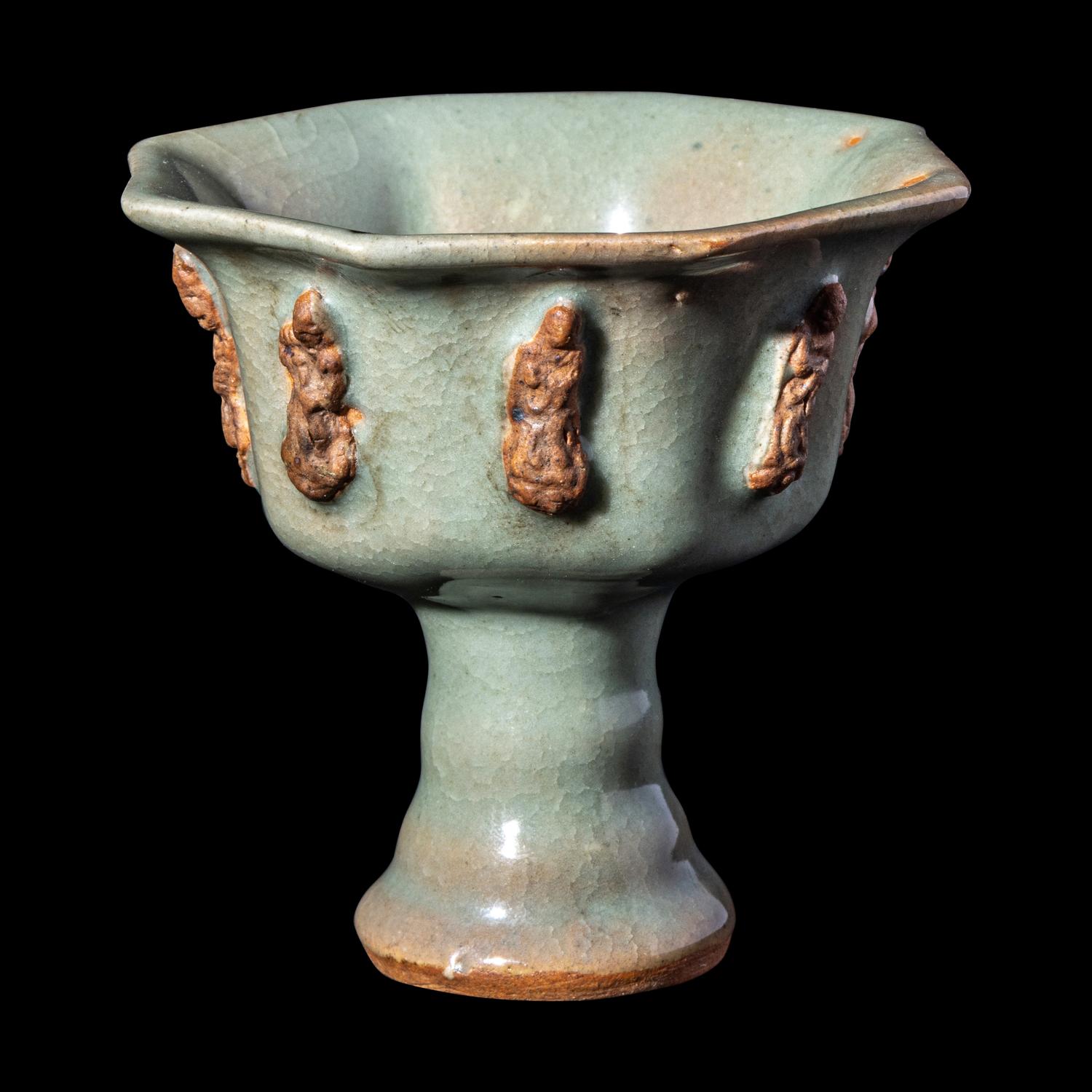 A Chinese Longquan Celadon Glazed Porcelain 'Eight Immortals' Stem Cup