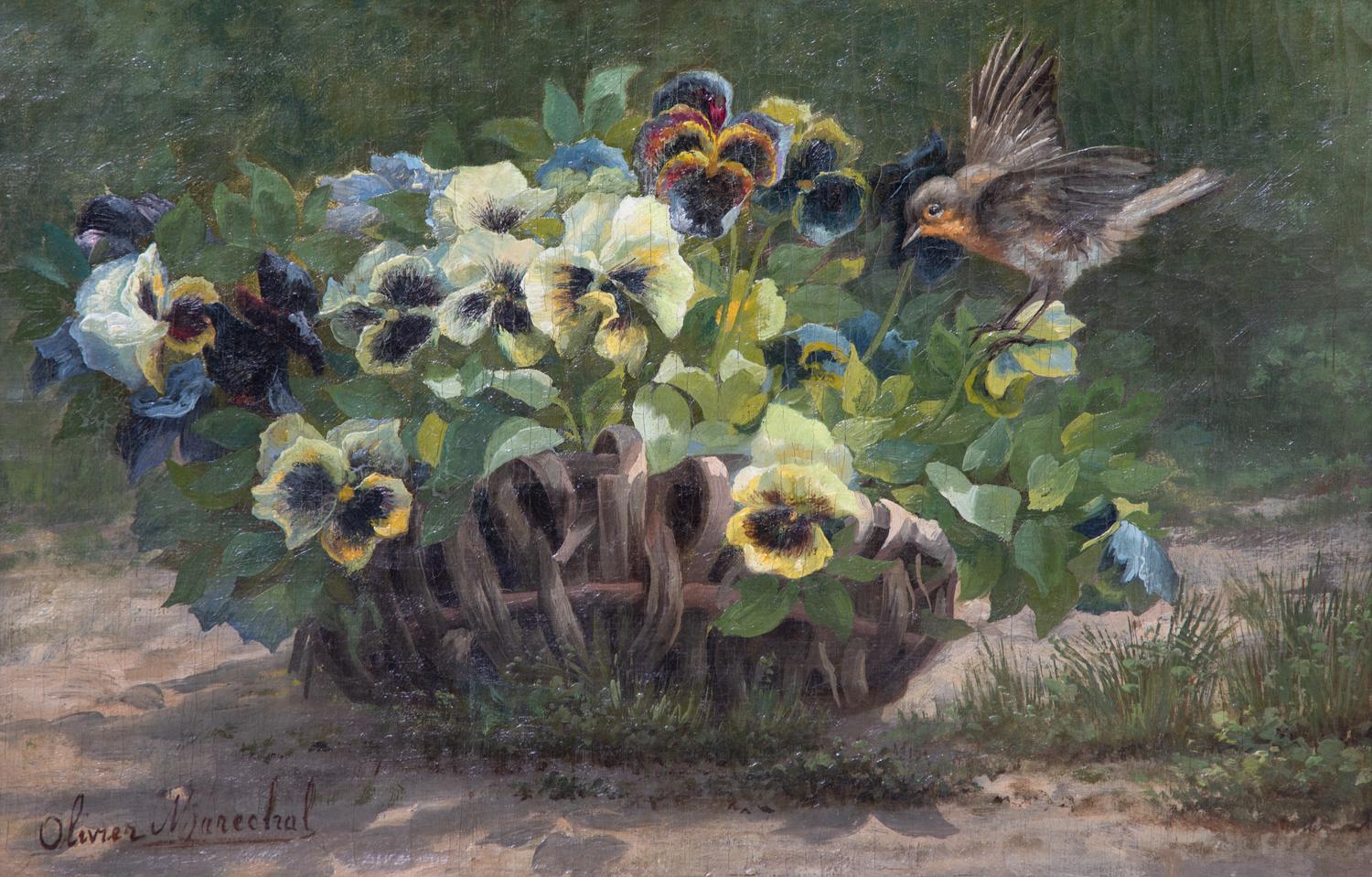 Olivier Marechal, (French, 20th Century), Basket of Flowers and Robin