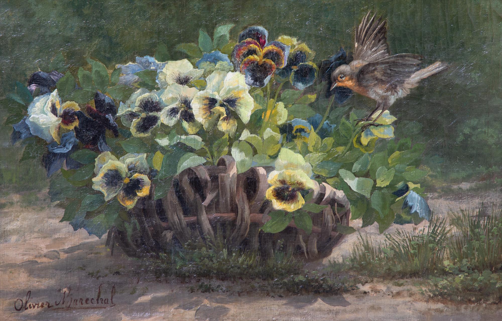 Olivier Marechal, (French, 20th Century), Basket of Flowers and Robin