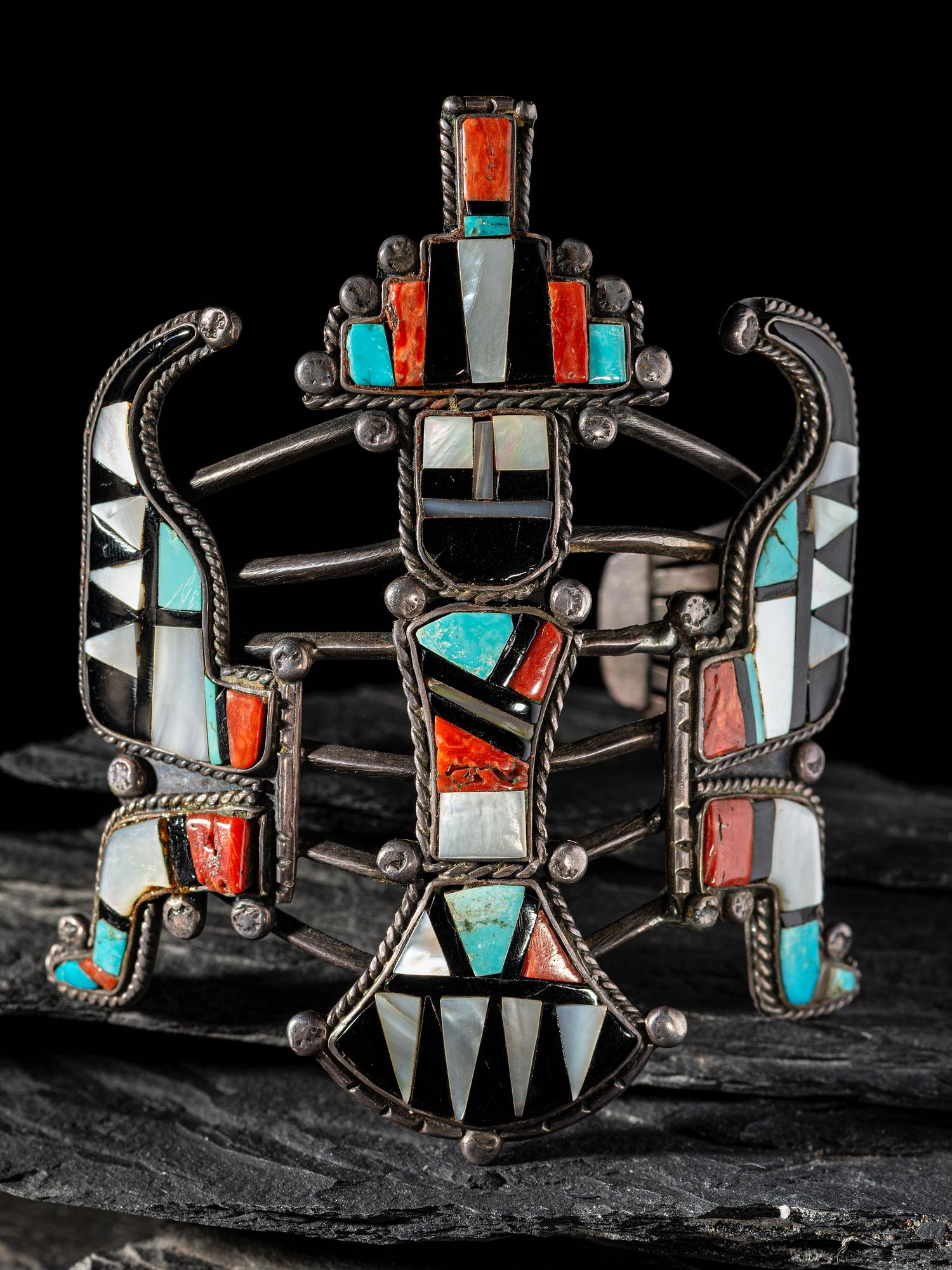 Large Silver Wire Cuff Bracelet with Mosaic Inlay Knifewing