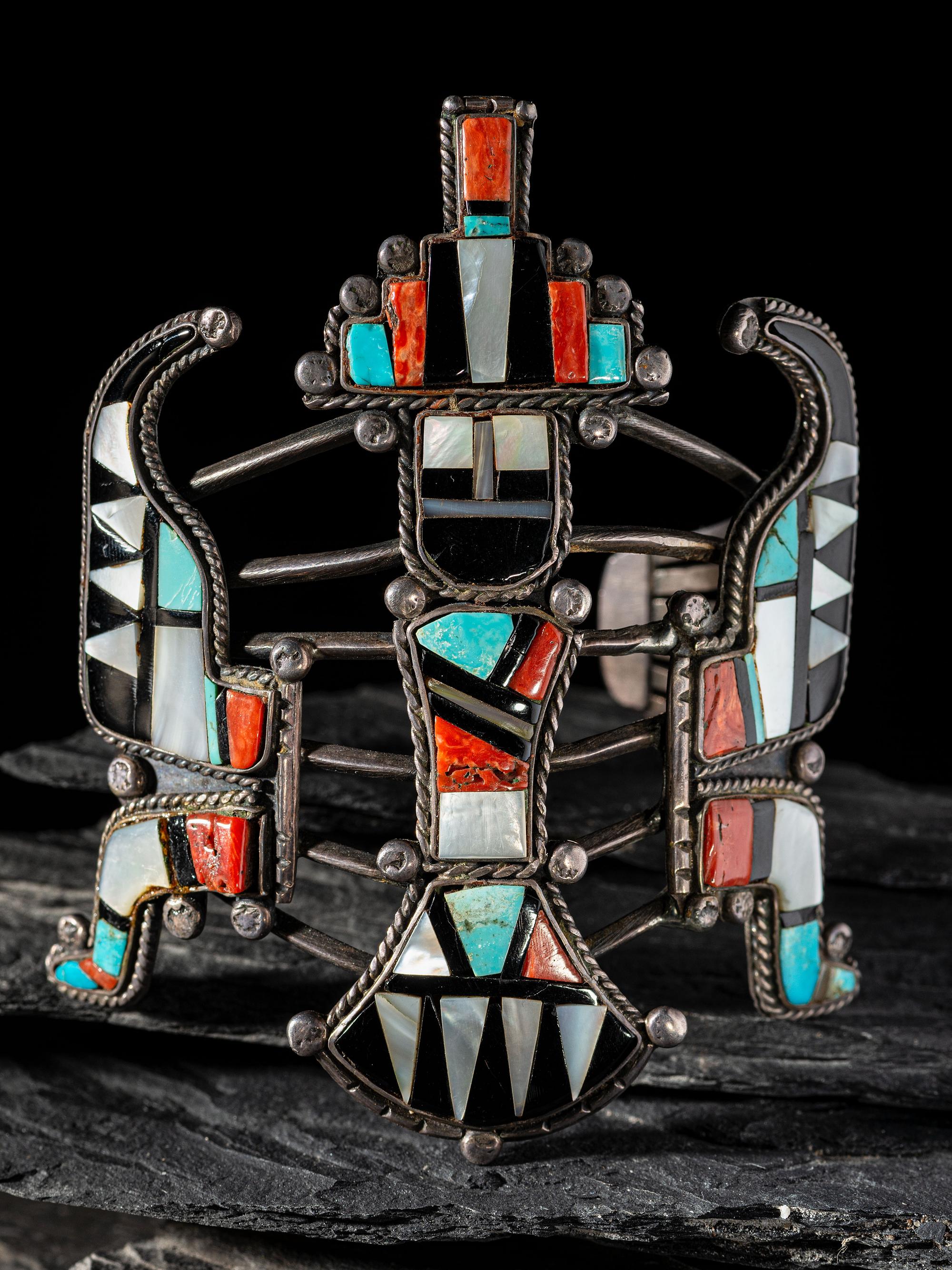 Large Silver Wire Cuff Bracelet with Mosaic Inlay Knifewing