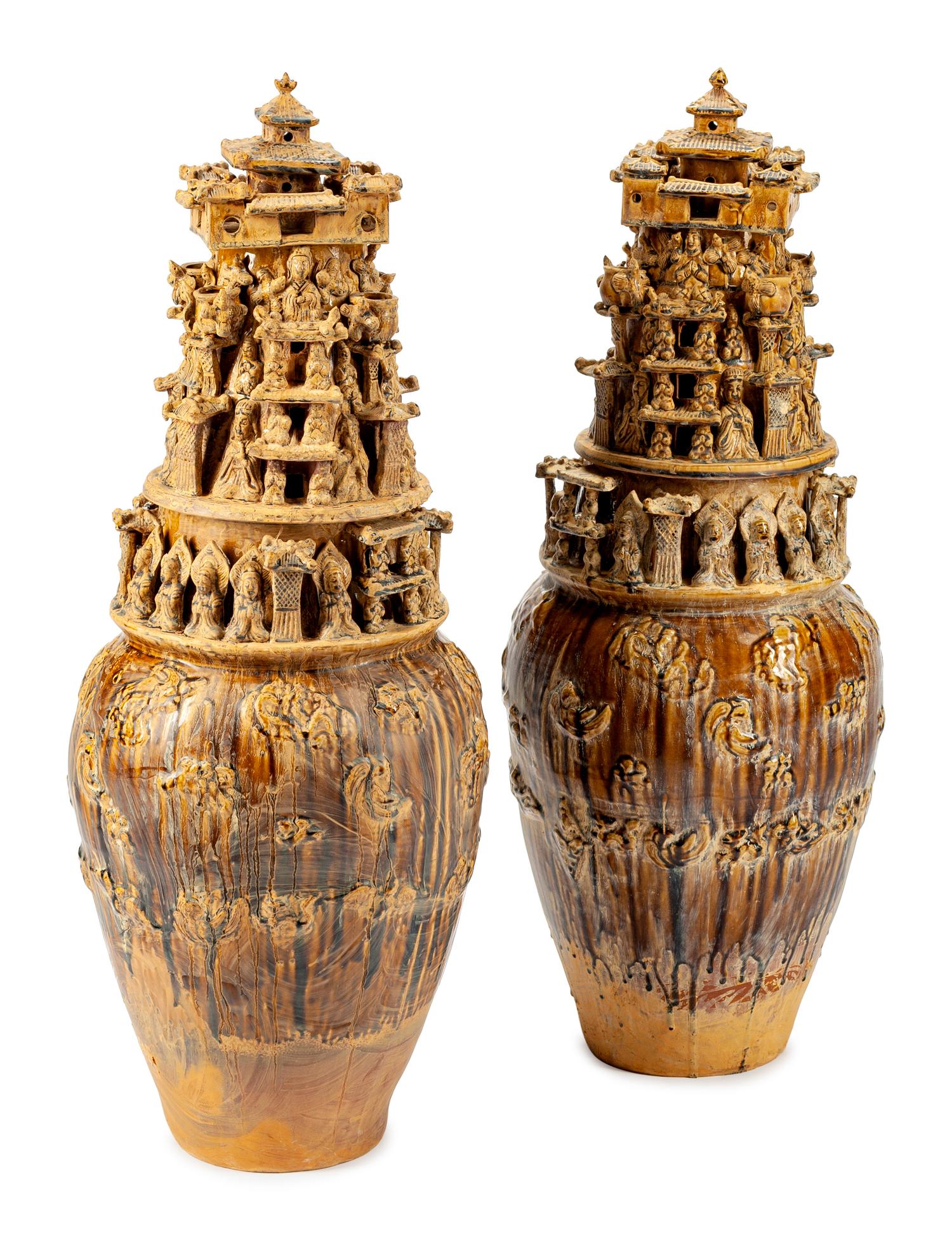 A Pair of Monumental Chinese Glazed Pottery Funerary Urns