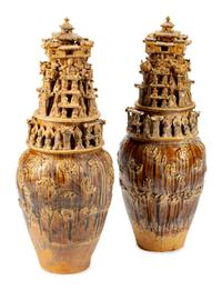 A Pair of Monumental Chinese Glazed Pottery Funerary Urns