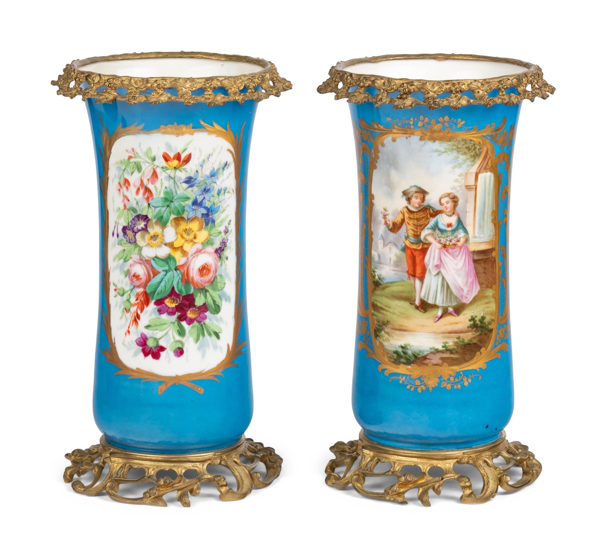 A Pair of Gilt Bronze Mounted Sèvres Style Porcelain Vases