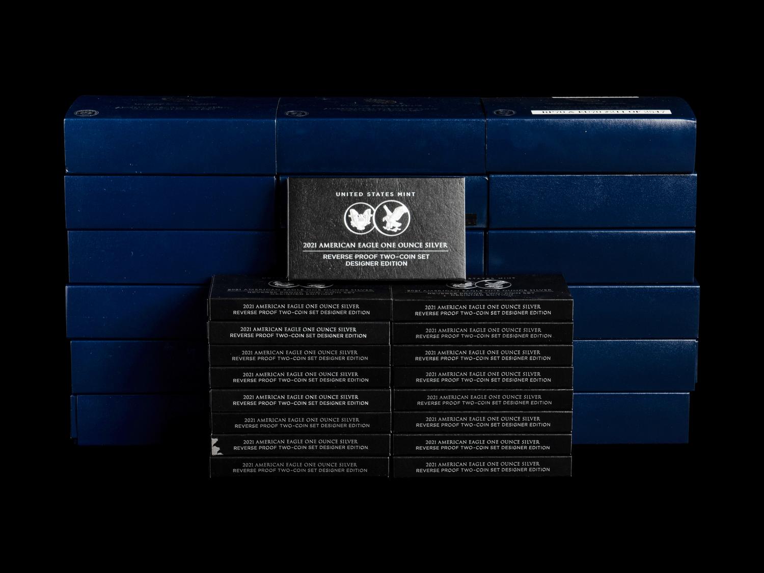 A Group of Thirty-Five Silver Eagle Two-Coin Proof and Mint Sets