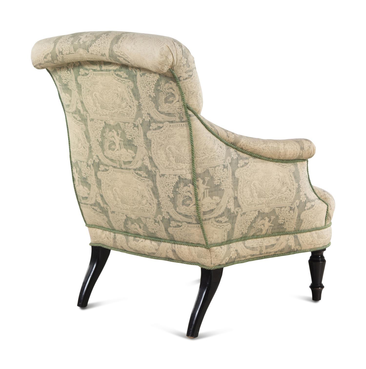 A Green and White Toile de Jouy Upholstered Armchair
