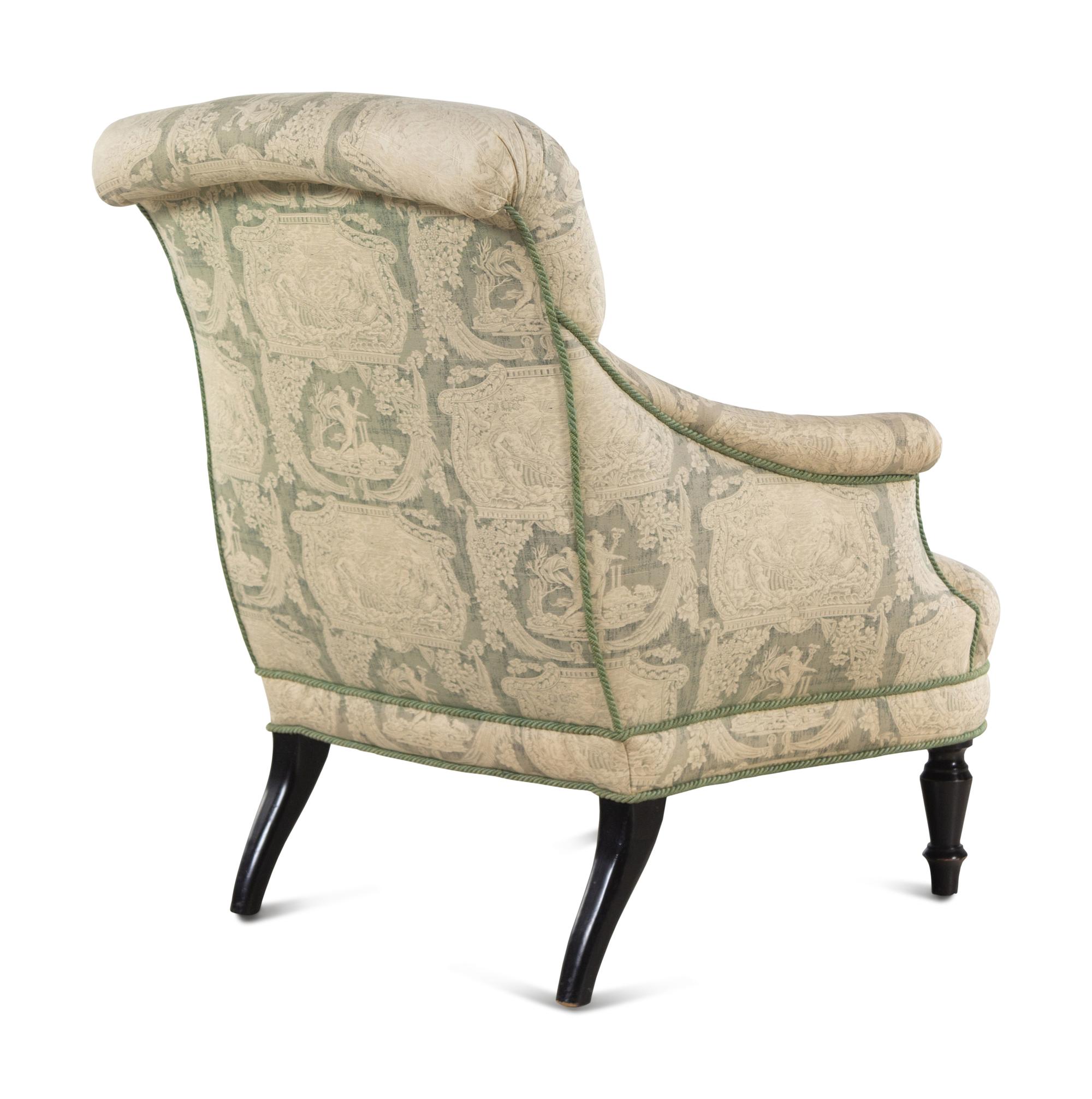 A Green and White Toile de Jouy Upholstered Armchair