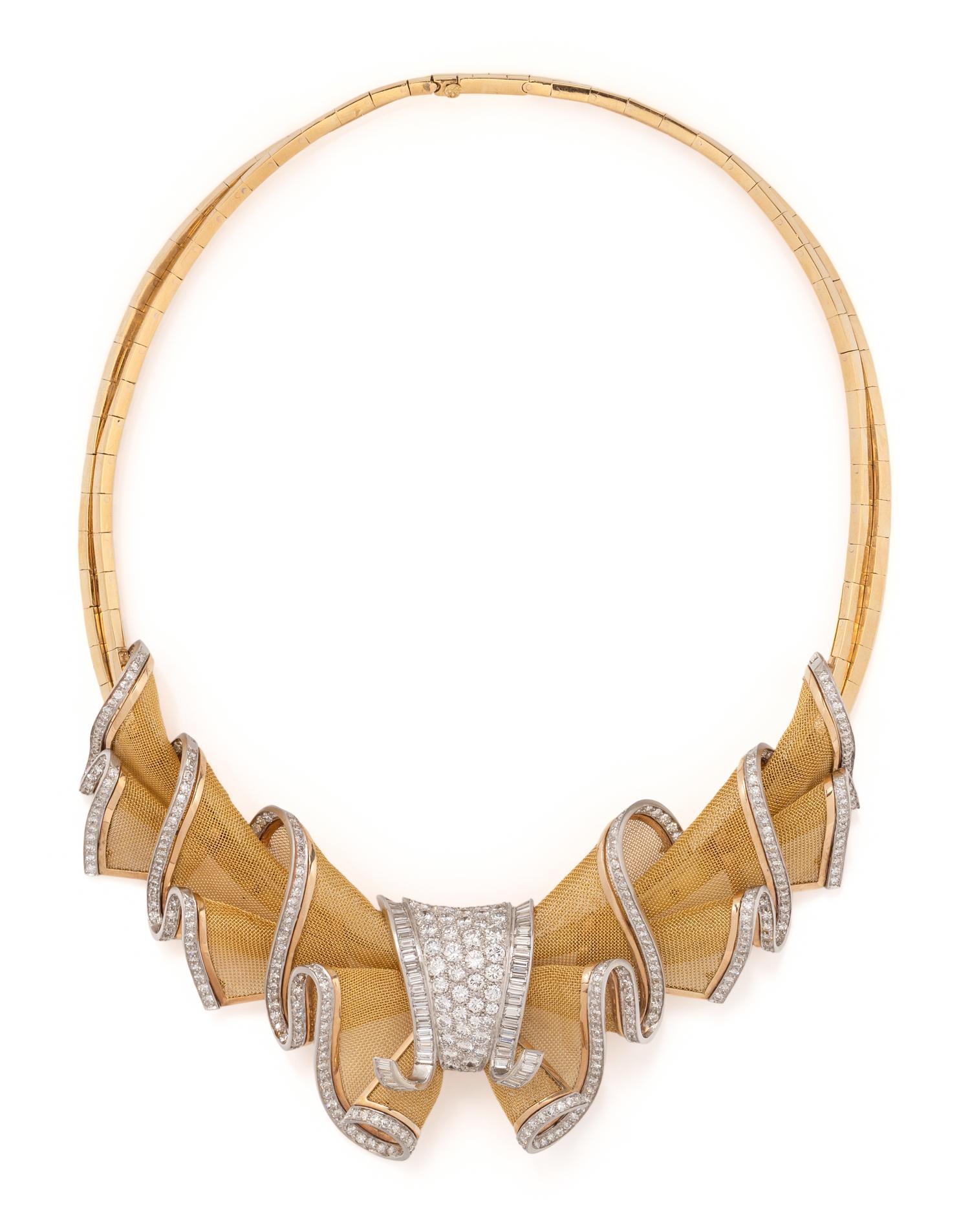 FRENCH, RETRO, YELLOW GOLD, PLATINUM AND DIAMOND NECKLACE