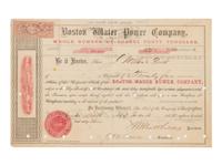 [BOOTH, John Wilkes (1838-1865)]. Partly printed Boston Water Power Company stock certificate issued to and signed ("J. Wilkes Booth"), Boston, 30 May 1864.
