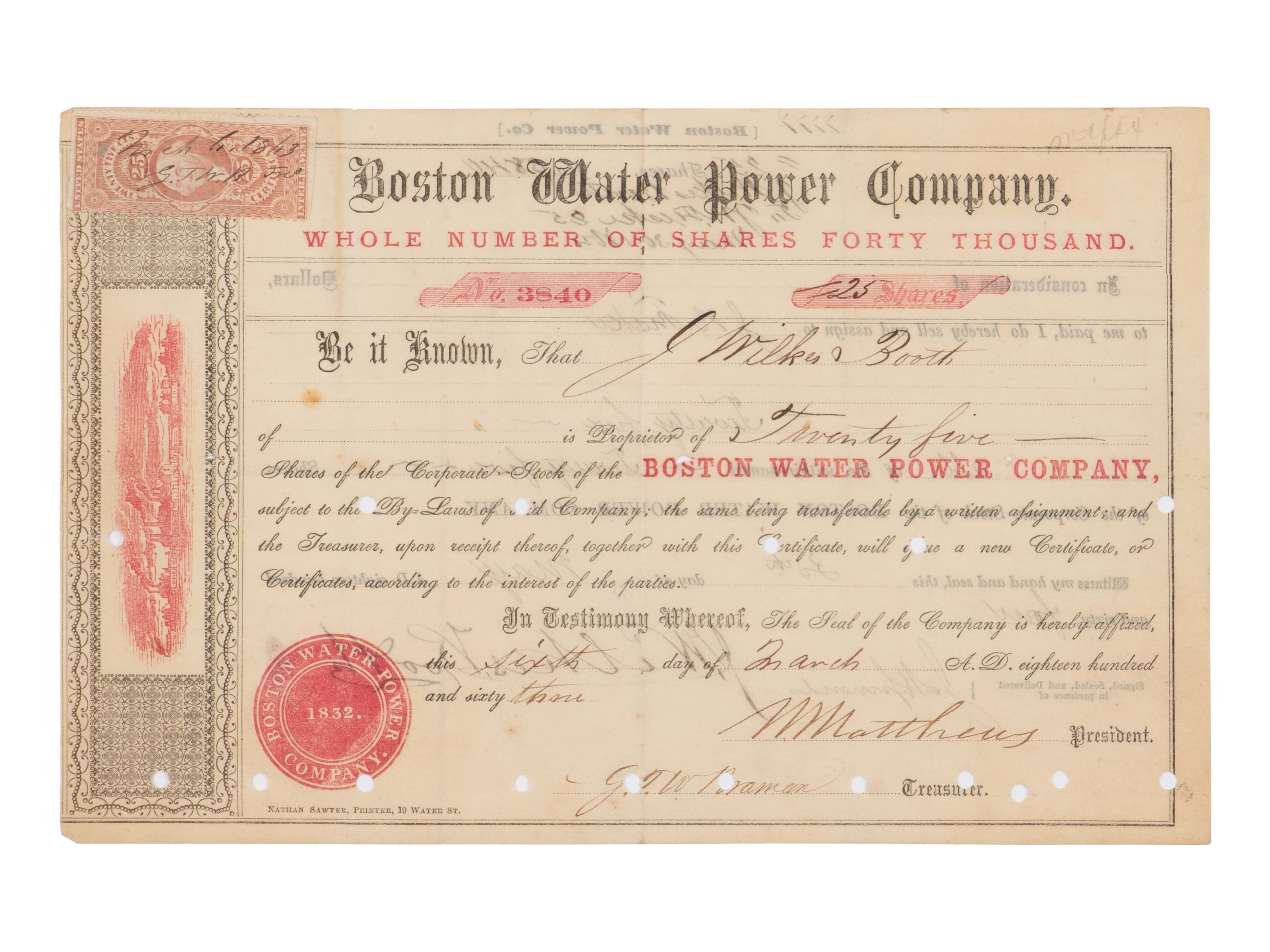 [BOOTH, John Wilkes (1838-1865)]. Partly printed Boston Water Power Company stock certificate issued to and signed ("J. Wilkes Booth"), Boston, 30 May 1864.
