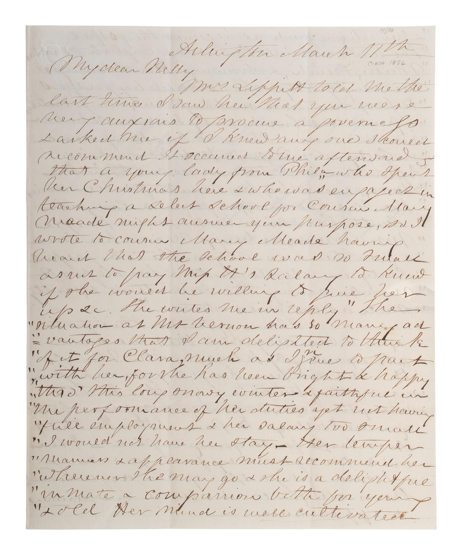 LEE, Mary Custis (1807-1873). Autograph letter signed ("M C Lee") to Eleanor Washington (1824-1860). Arlington, [VA], ca 1855-56.
