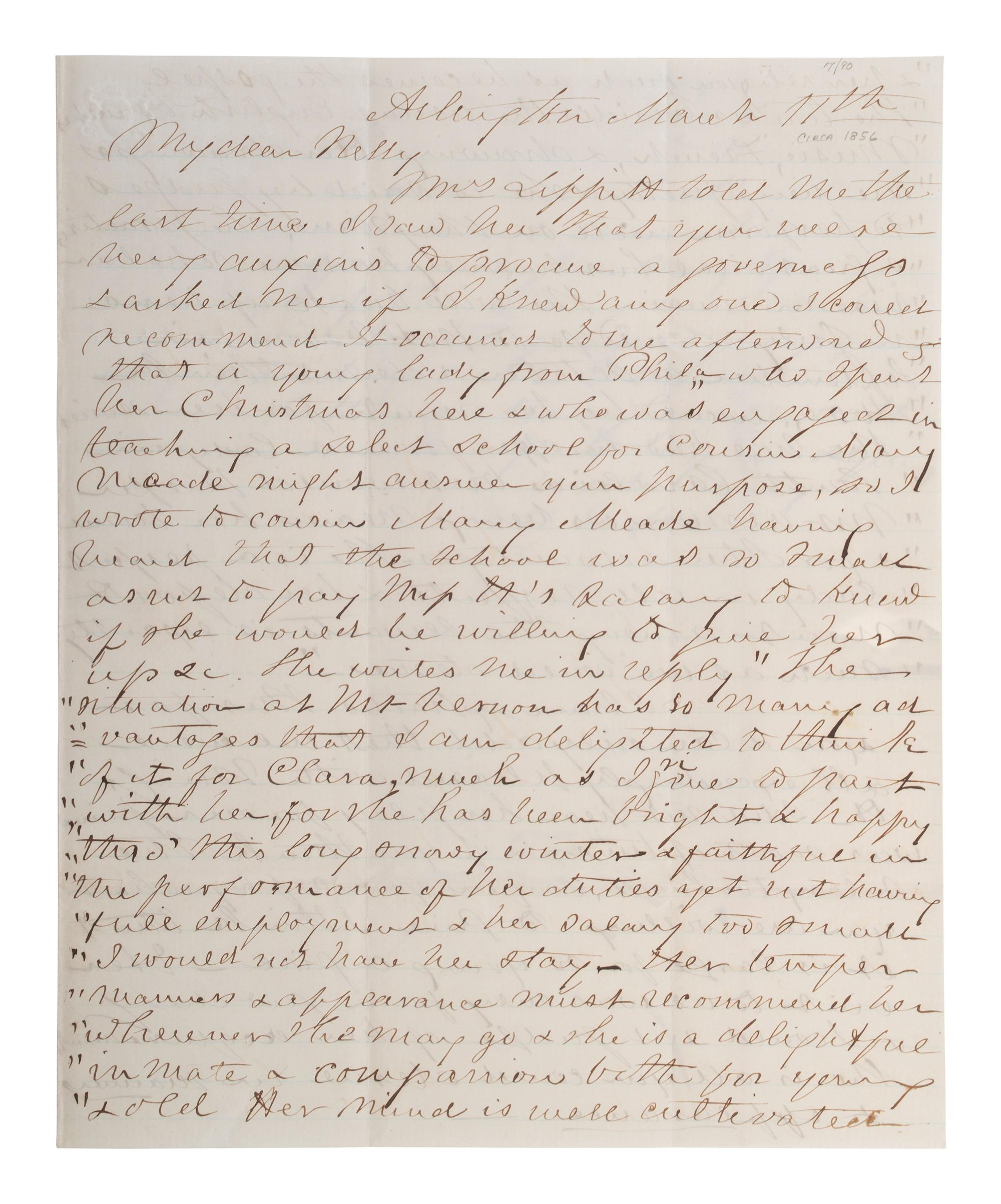 LEE, Mary Custis (1807-1873). Autograph letter signed ("M C Lee") to Eleanor Washington (1824-1860). Arlington, [VA], ca 1855-56.