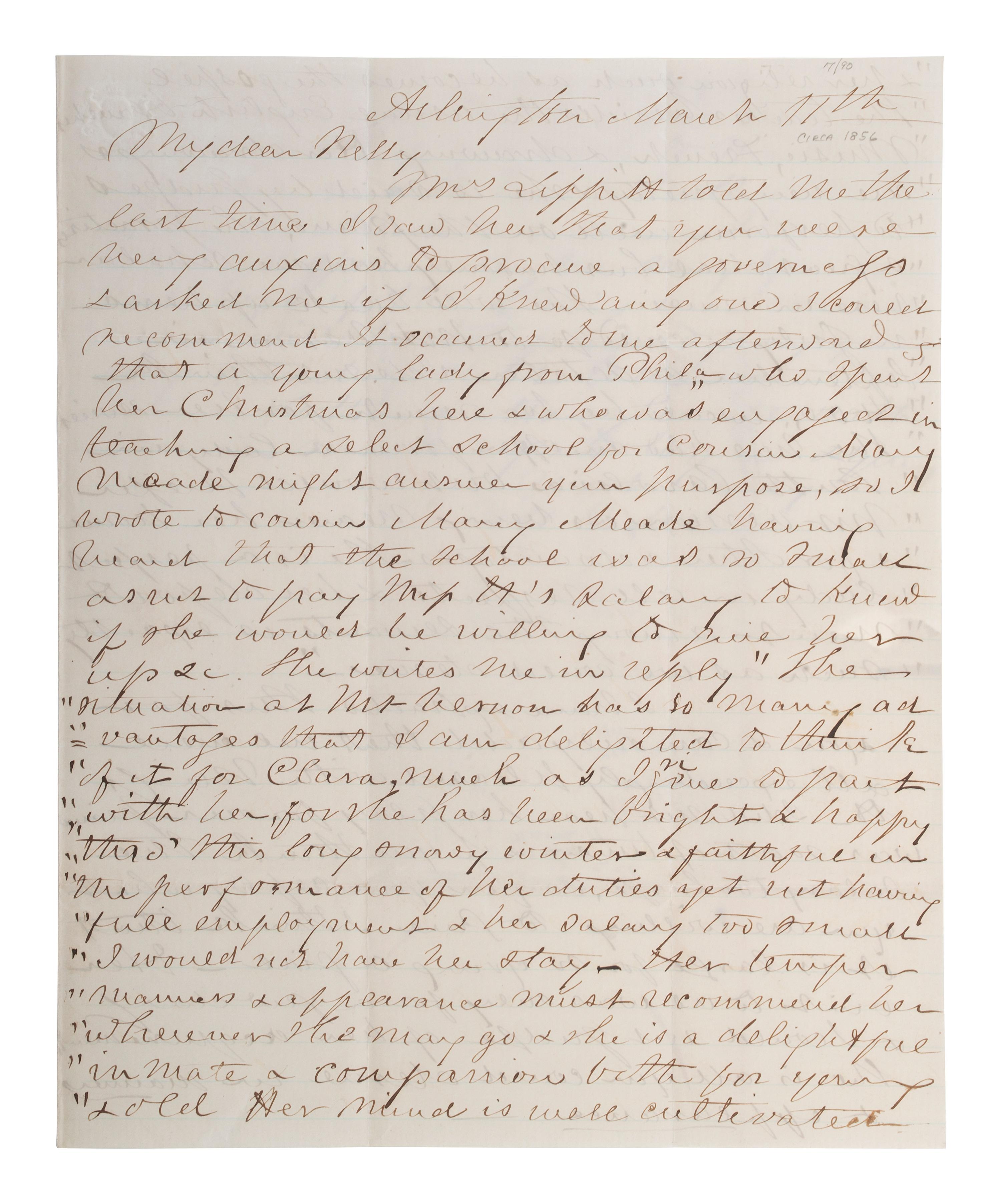 LEE, Mary Custis (1807-1873). Autograph letter signed ("M C Lee") to Eleanor Washington (1824-1860). Arlington, [VA], ca 1855-56.