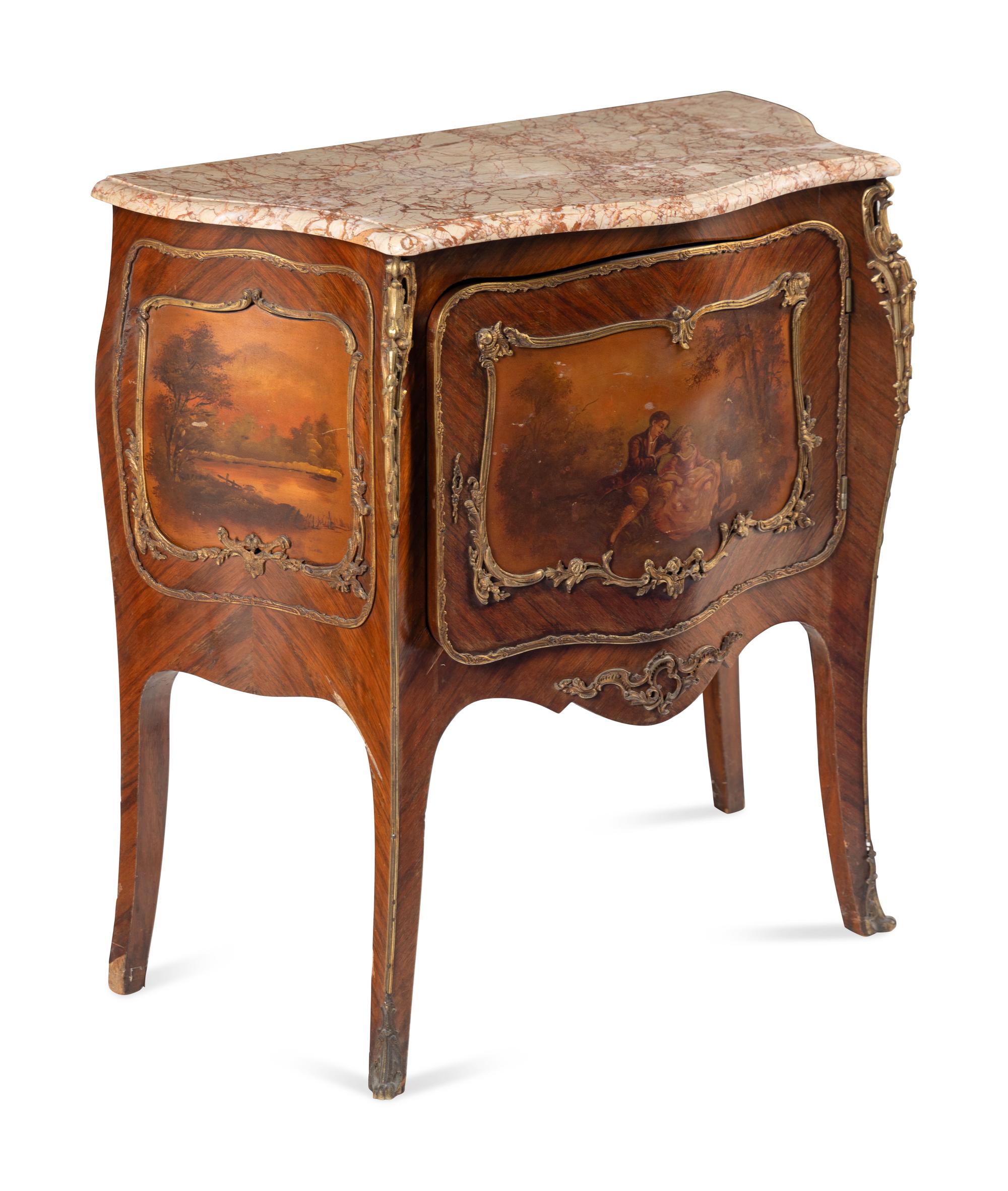 A Louis XV Style Gilt Bronze Mounted Vernis Martin Decorated Marble Top Commode