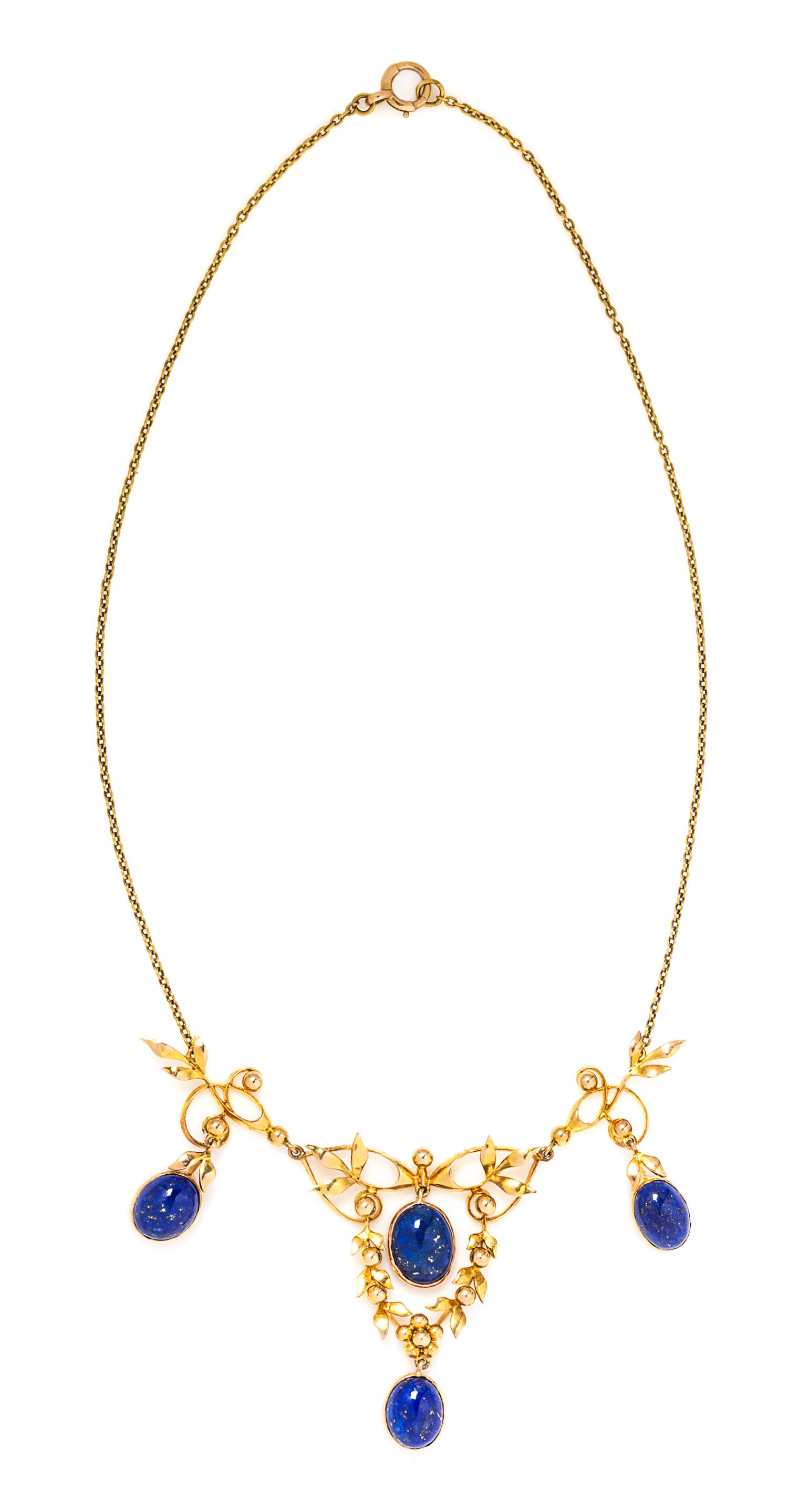 An Art Nouveau Yellow Gold and Lapis Lazuli Swag Necklace, 8.80 dtws