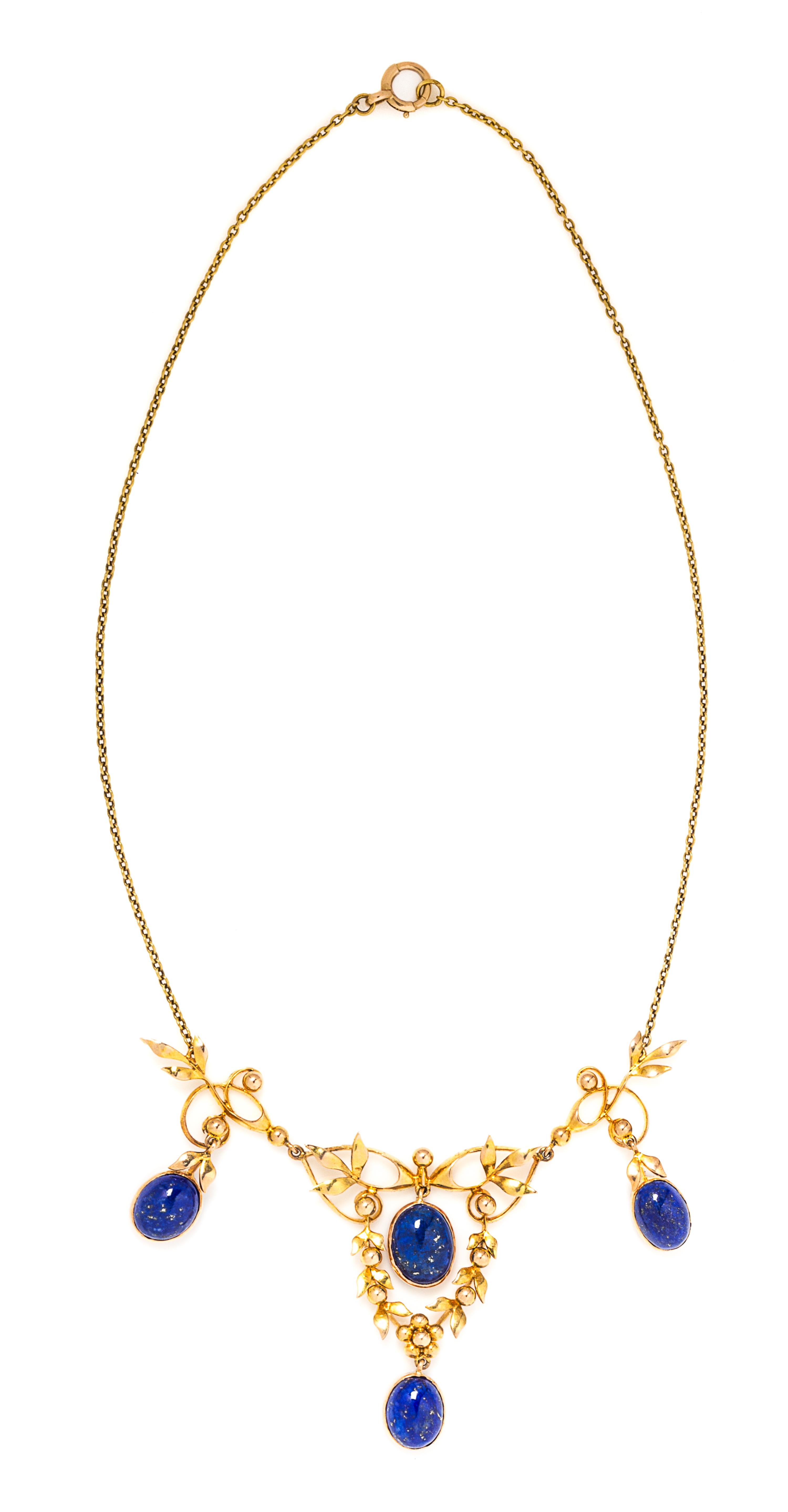 An Art Nouveau Yellow Gold and Lapis Lazuli Swag Necklace, 8.80 dtws