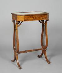 A Regency Style Marquetry Vitrine Table, Height 28 7/8 x width 19 3/4 x depth 13 7/8 inches.