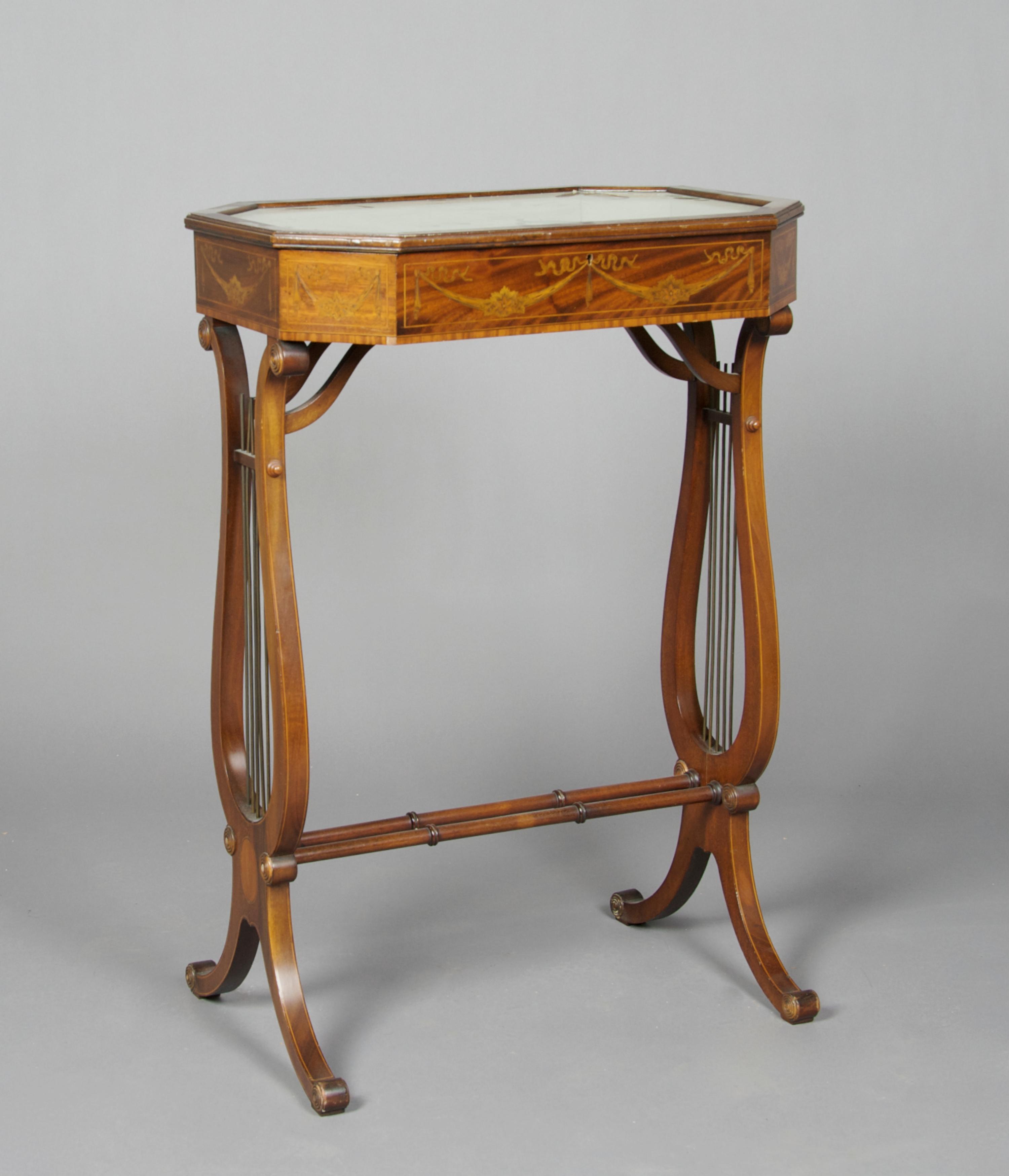 A Regency Style Marquetry Vitrine Table, Height 28 7/8 x width 19 3/4 x depth 13 7/8 inches.