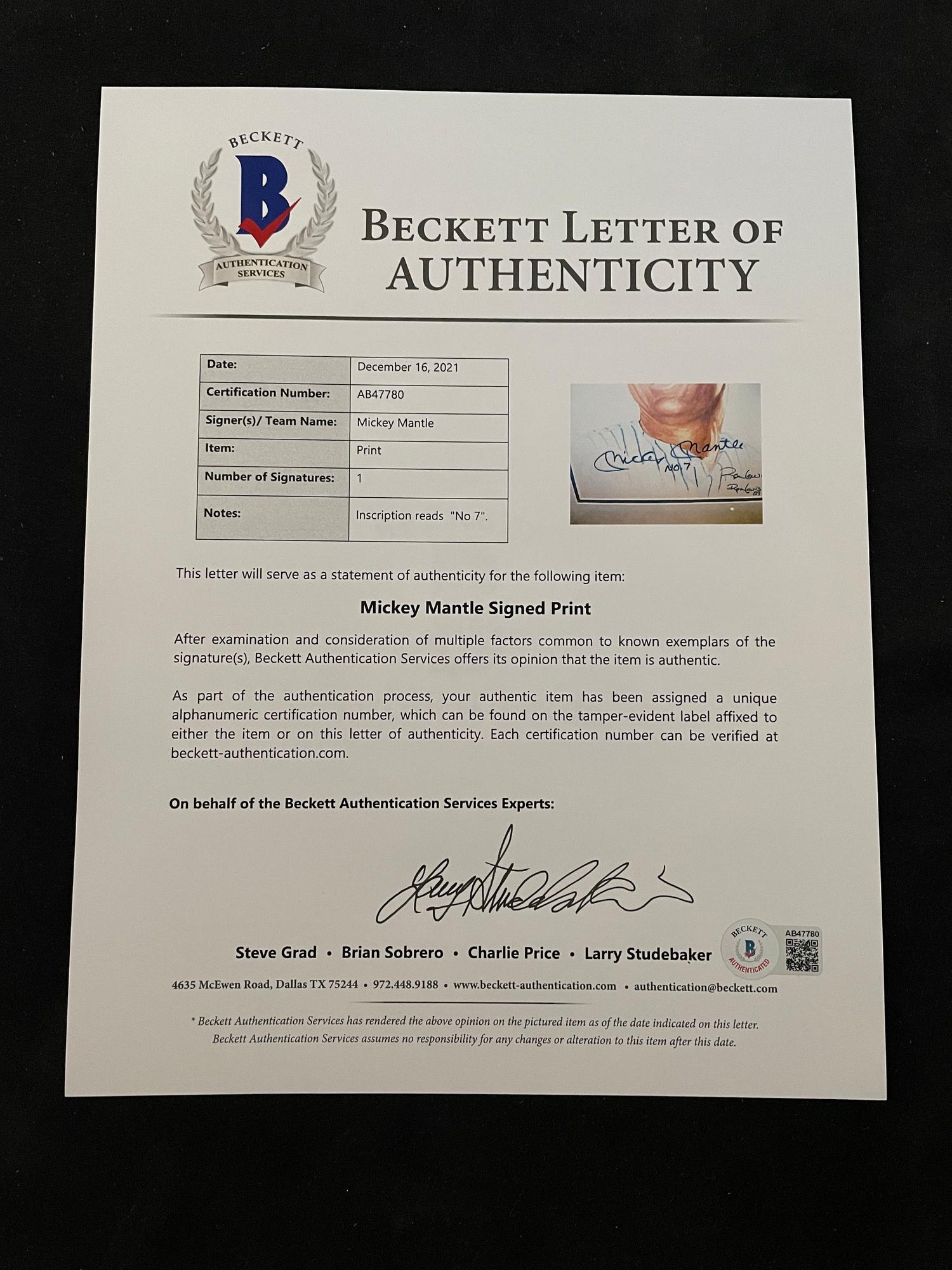 A Mickey Mantle Inscribed No. 7 Signed Autograph Living Legends Ron Lewis Print (Beckett Authentication Services Letter BAS Certified),