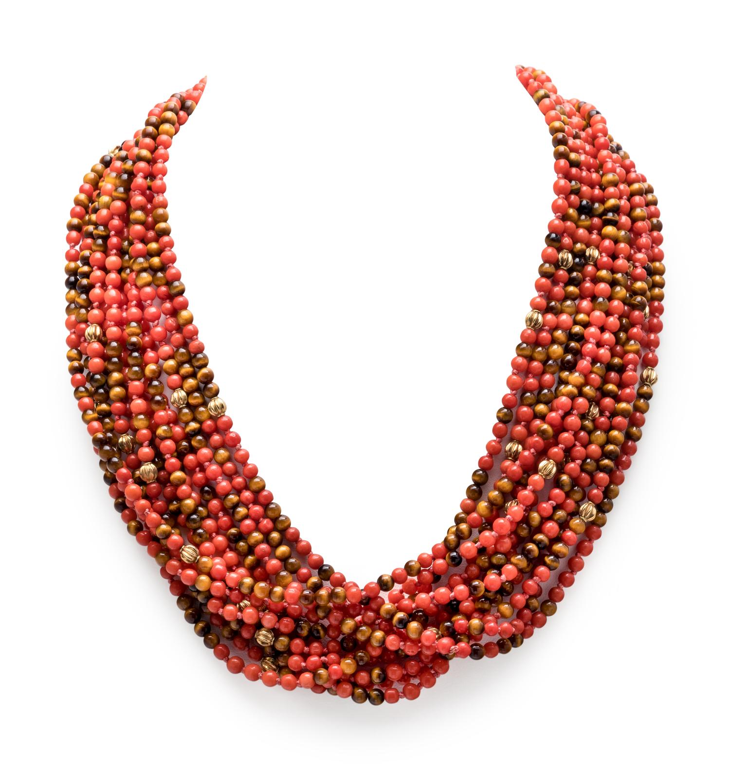 CORAL AND TIGER'S EYE TORSADE NECKLACE