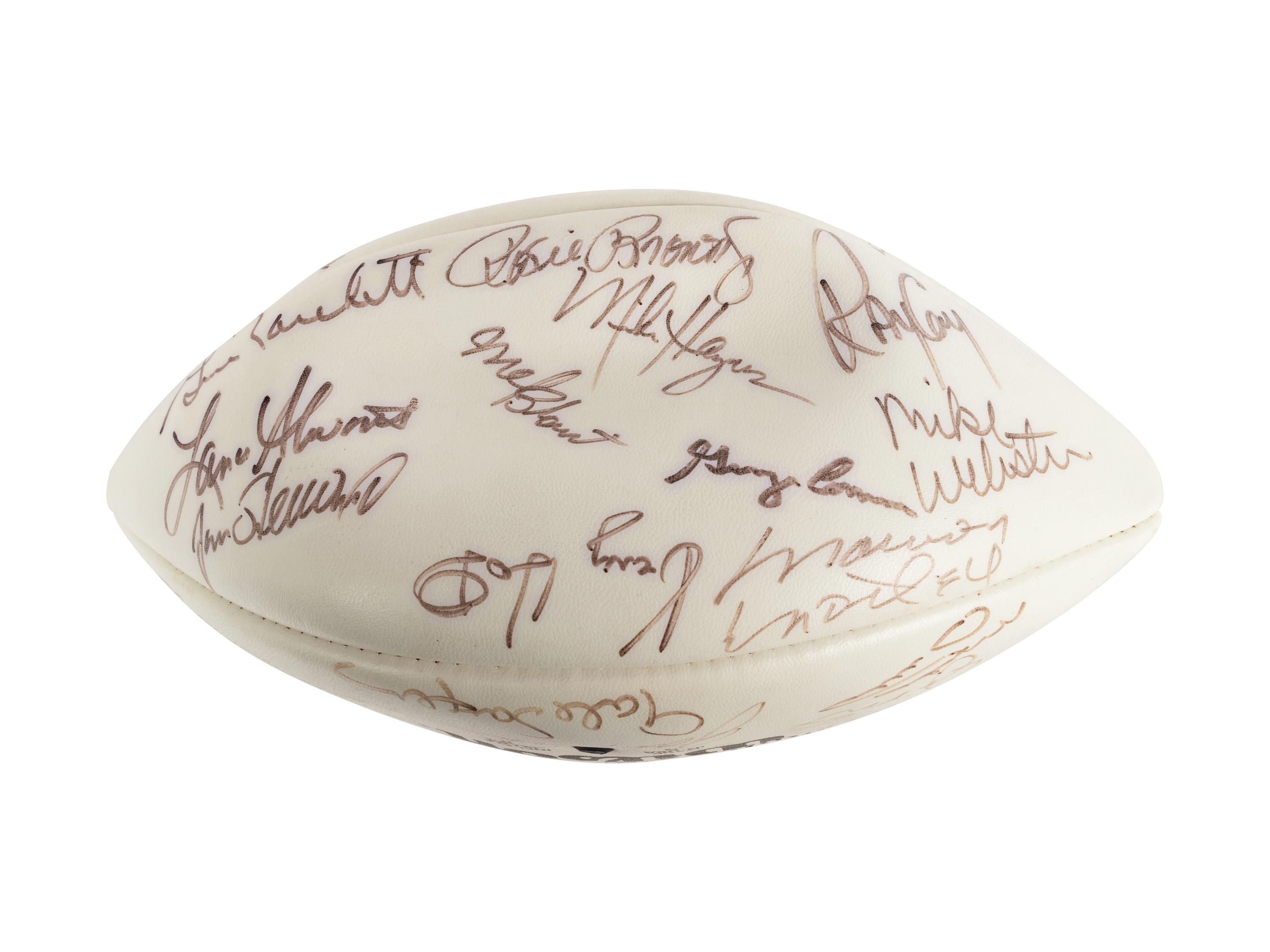 Mike Ditka’s Personally Owned NFL 75th Anniversary All Time Team Football Signed by Various Players Formerly Displayed at Mike Ditka's Restaurant