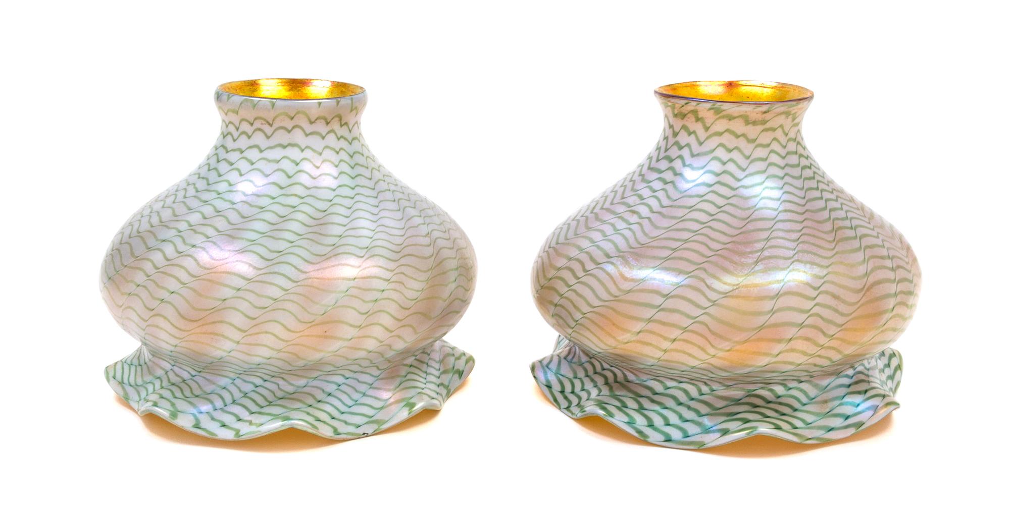 A Pair of Quezal Iridescent Glass Shades Height 4 3/4 inches.