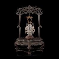 A Small Chinese Carved Rock Crystal Censer and Cover with Associated Carved Wood Stand, Late Qing/Republic Period 晚清民國 雕水晶雙活環花籃式小蓋瓶 帶木座