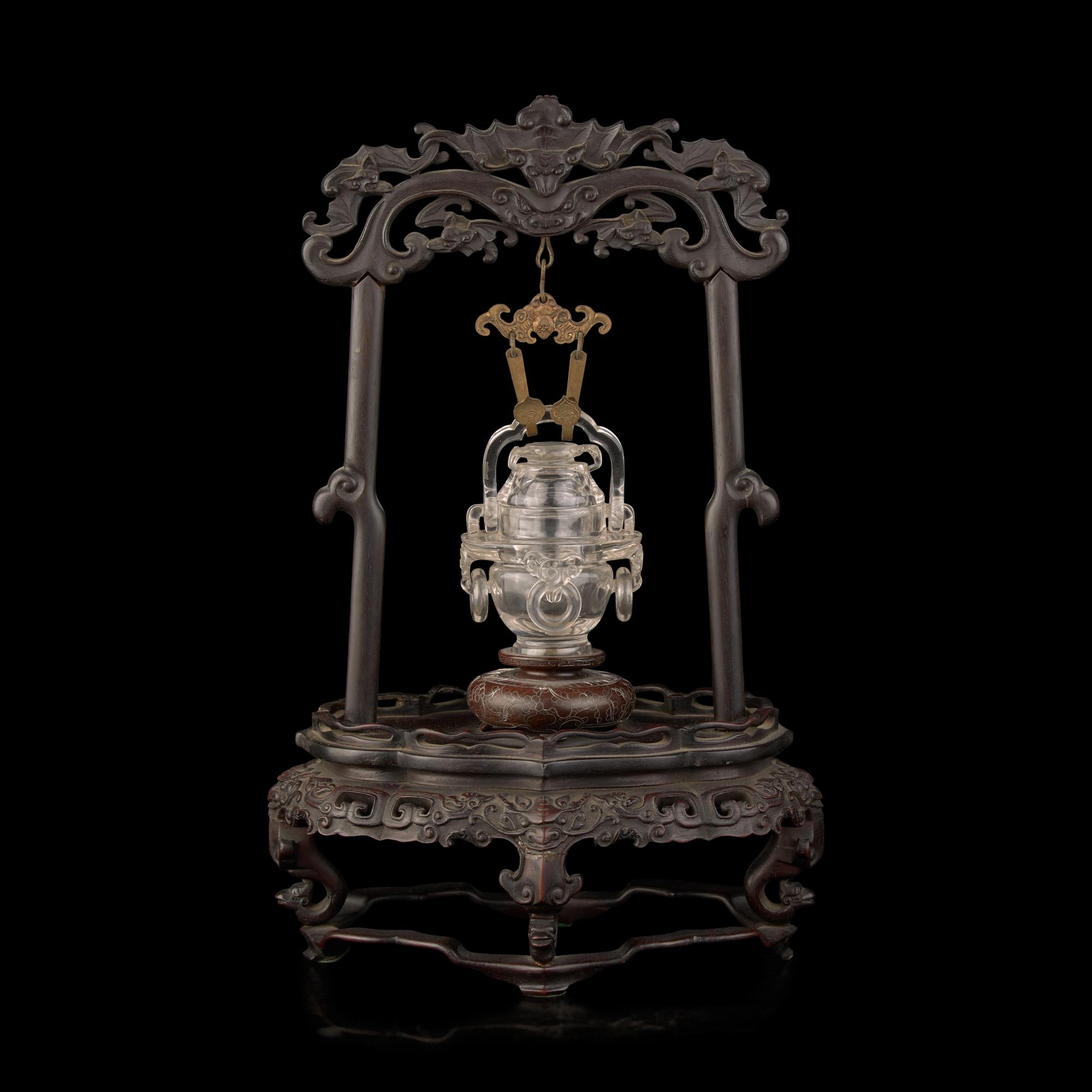 A Small Chinese Carved Rock Crystal Censer and Cover with Associated Carved Wood Stand, Late Qing/Republic Period 晚清民國 雕水晶雙活環花籃式小蓋瓶 帶木座