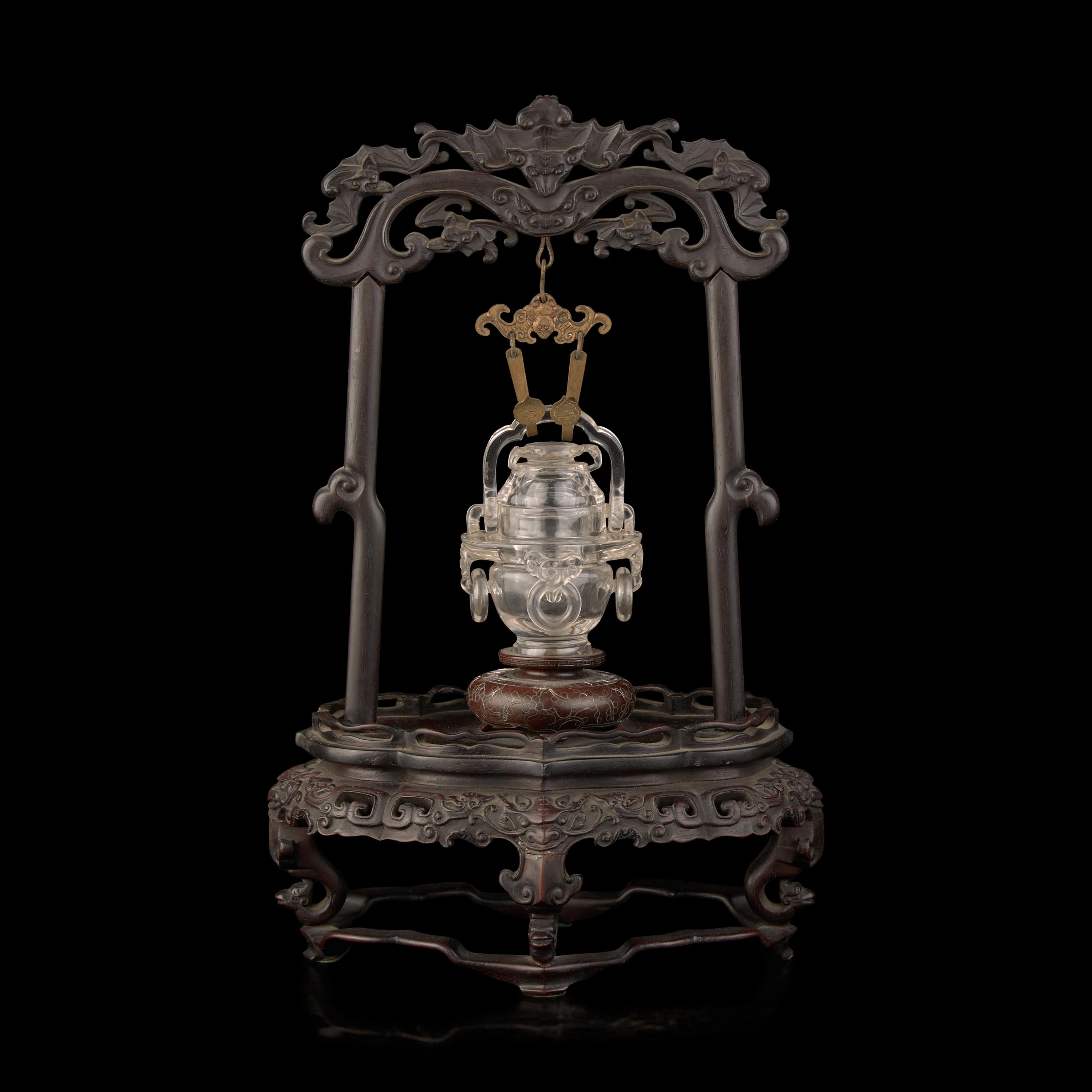 A Small Chinese Carved Rock Crystal Censer and Cover with Associated Carved Wood Stand, Late Qing/Republic Period 晚清民國 雕水晶雙活環花籃式小蓋瓶 帶木座