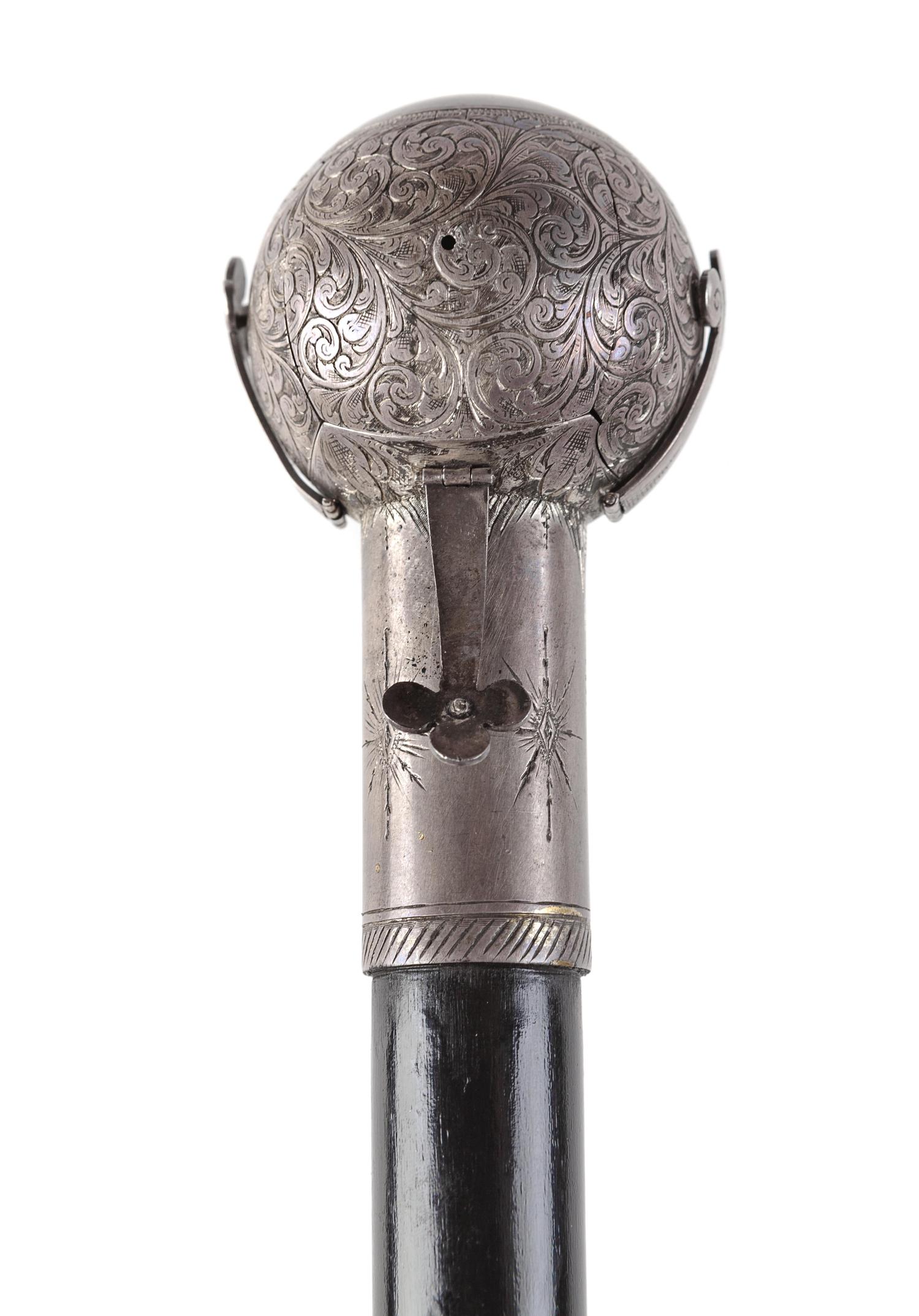 An English Silver-Plate Mounted and Ebonized Masonic Orb System Walking Stick