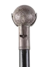 An English Silver-Plate Mounted and Ebonized Masonic Orb System Walking Stick