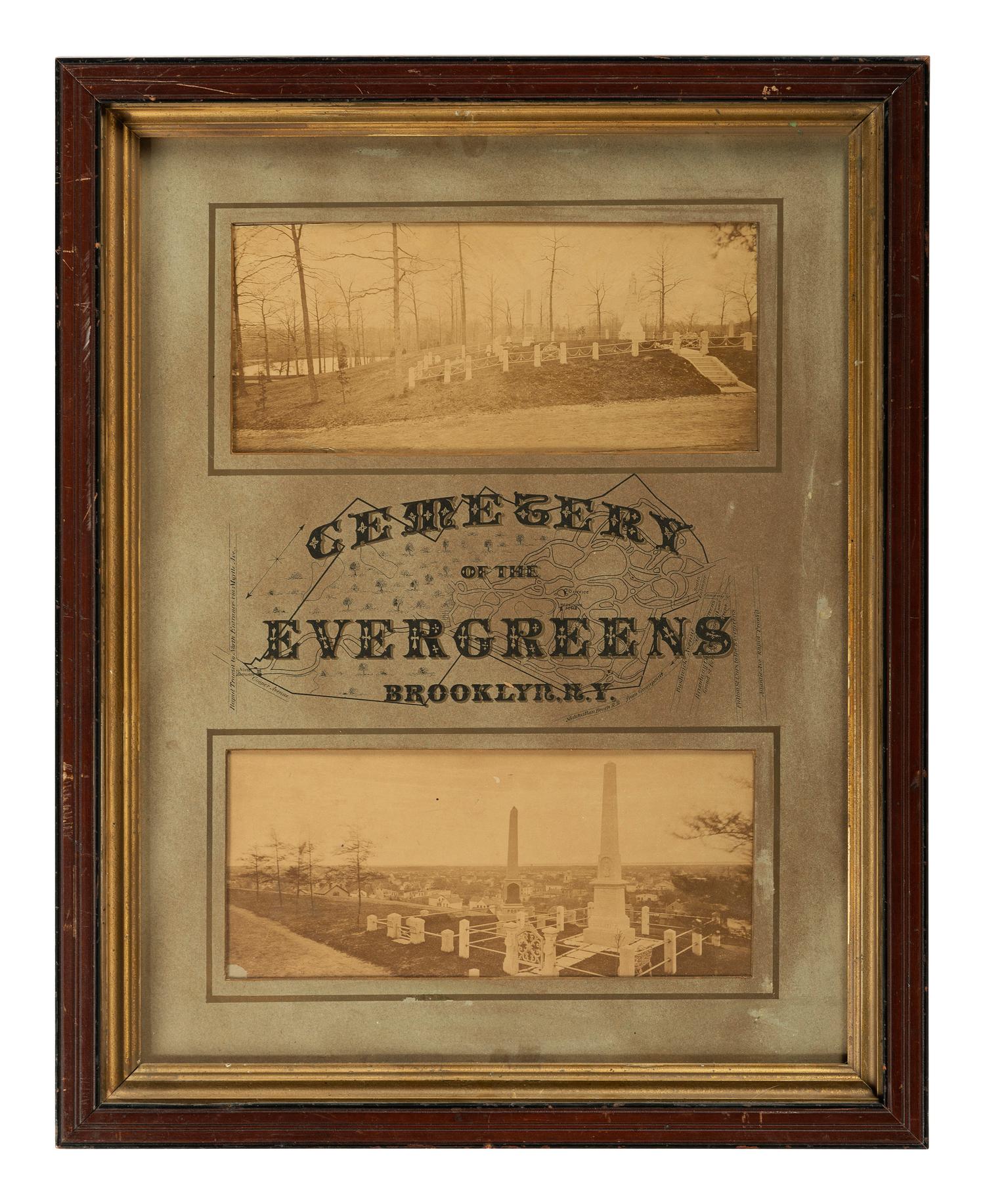 [EARLY PHOTOGRAPHY]. Cemetery of the Evergreens, Brooklyn, N.Y. Two oversize albumen photographs from the Cemetery. Brooklyn, NY, n.d.