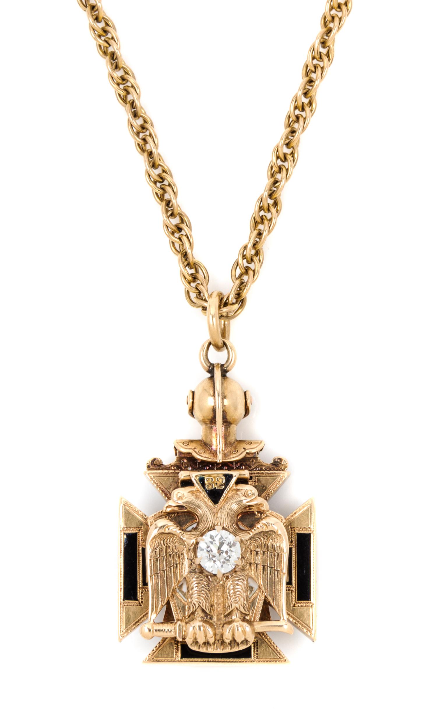 A Yellow Gold, Diamond, Garnet and Polychrome Enamel 32nd Degree Masonic Knights Templar Pendant 16.90 dwts.