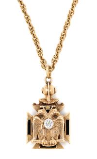A Yellow Gold, Diamond, Garnet and Polychrome Enamel 32nd Degree Masonic Knights Templar Pendant 16.90 dwts.