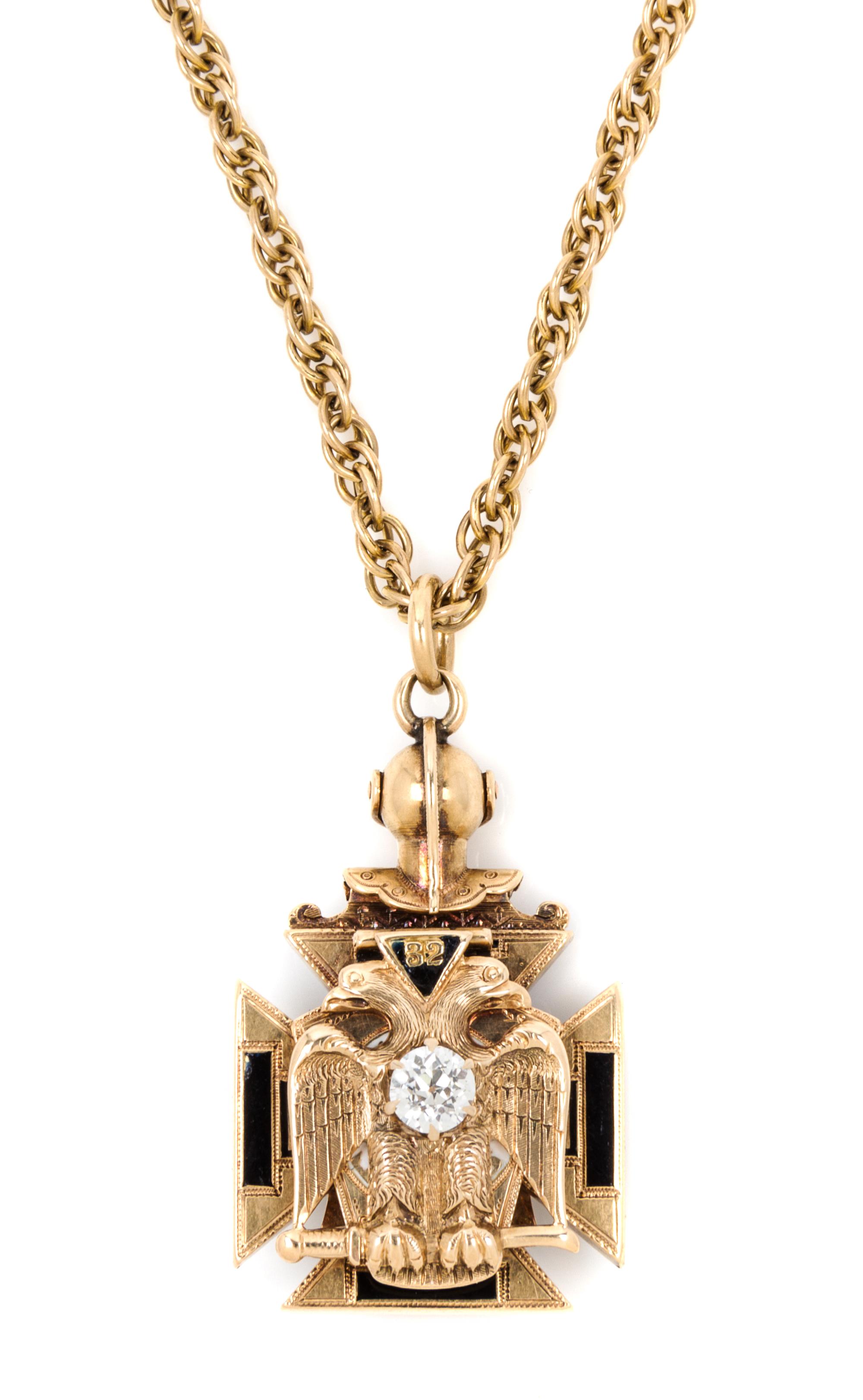 A Yellow Gold, Diamond, Garnet and Polychrome Enamel 32nd Degree Masonic Knights Templar Pendant 16.90 dwts.