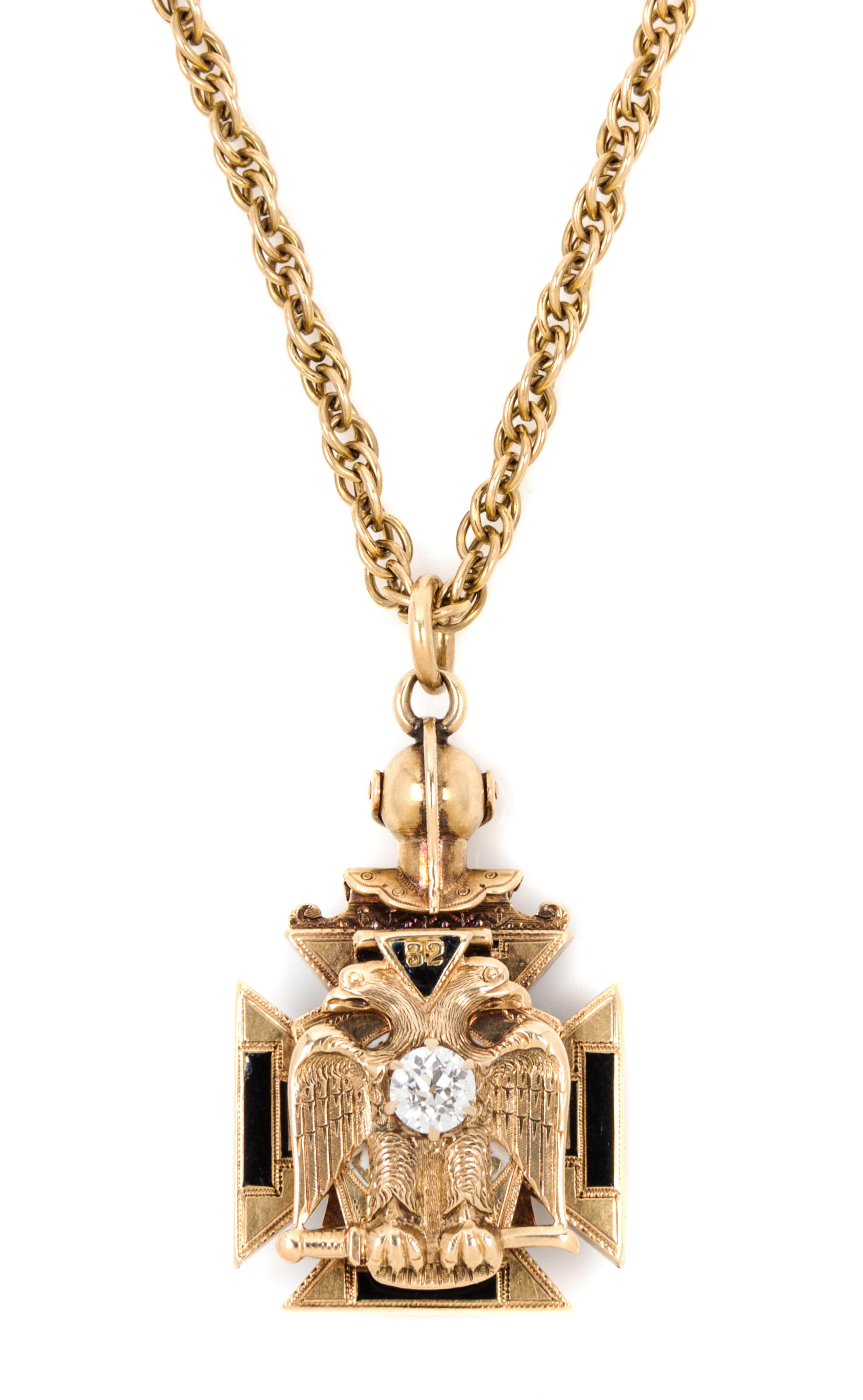 A Yellow Gold, Diamond, Garnet and Polychrome Enamel 32nd Degree Masonic Knights Templar Pendant 16.90 dwts.