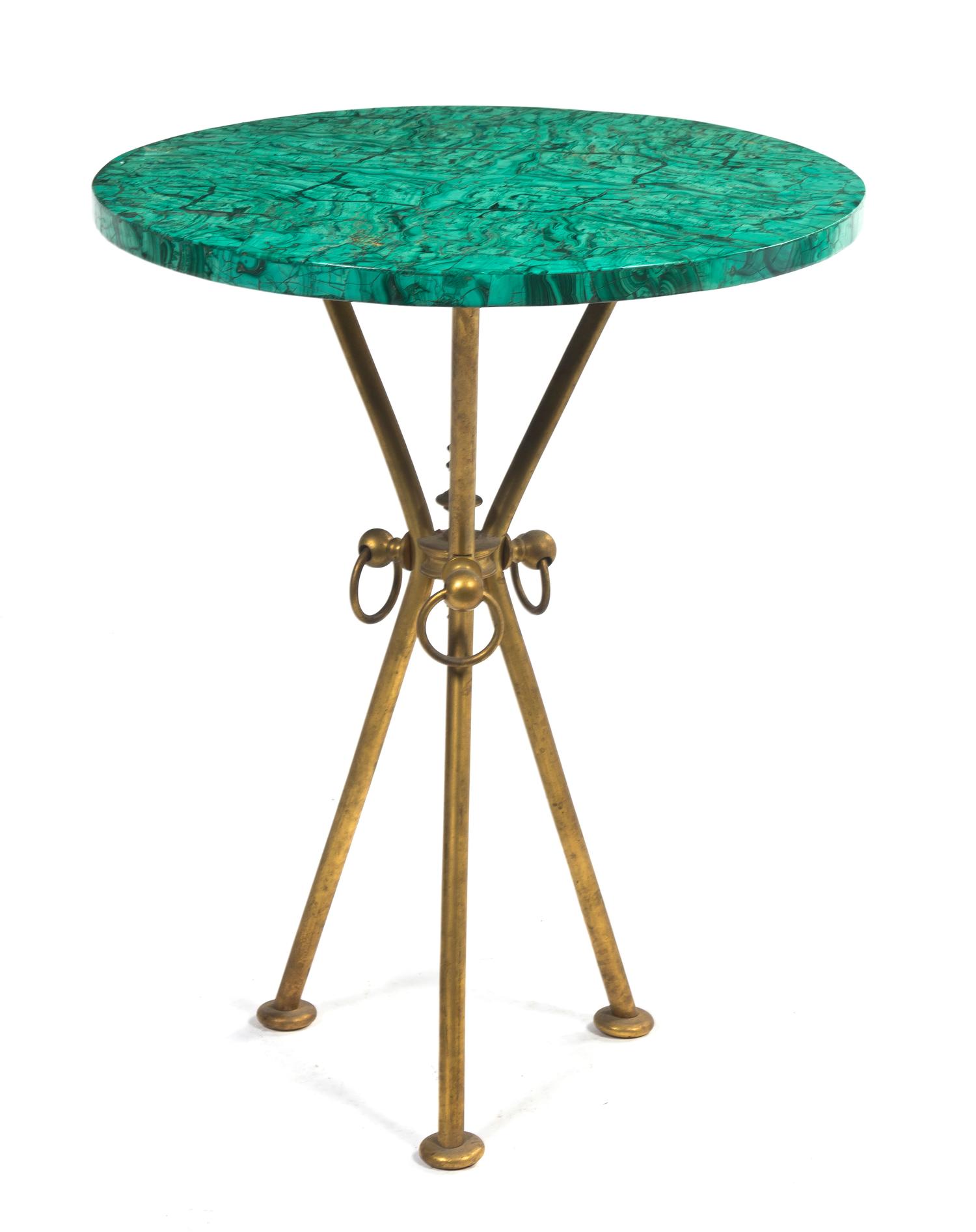 A Malachite and Brass Occasional Table, Height 21 3/4 x diameter of top 17 1/2 inches.