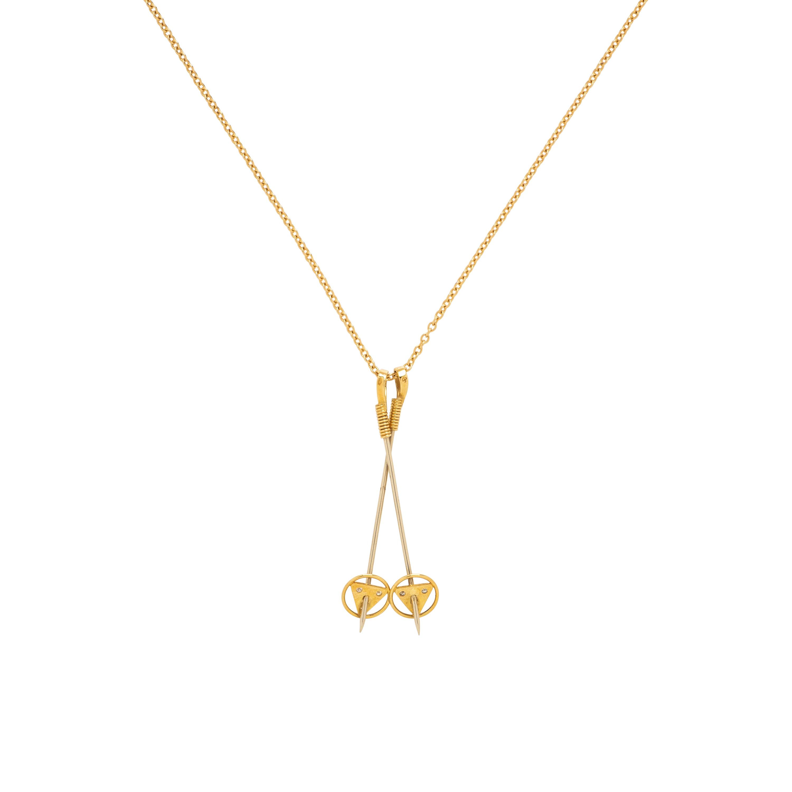 Frattini, Yellow Gold Ski Pole Pendant Necklace