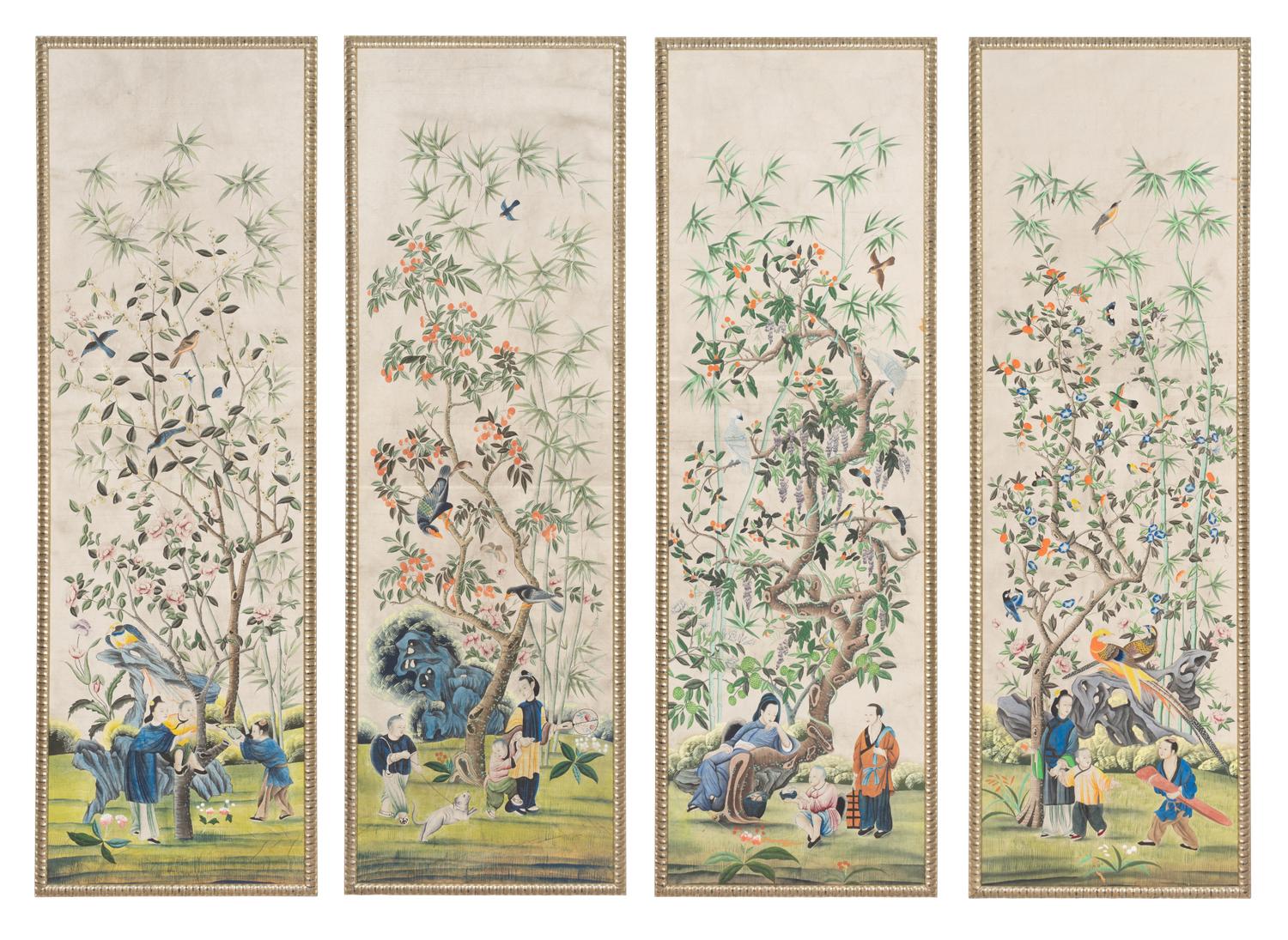 A Set of Four Large Chinese Export Hand-Painted Wallpaper Panels