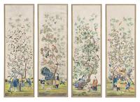 A Set of Four Large Chinese Export Hand-Painted Wallpaper Panels