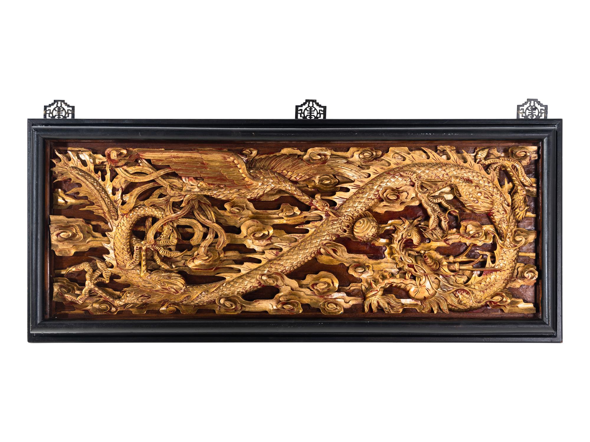 Two Chinese Gilt and Red Lacquered Wood Panels